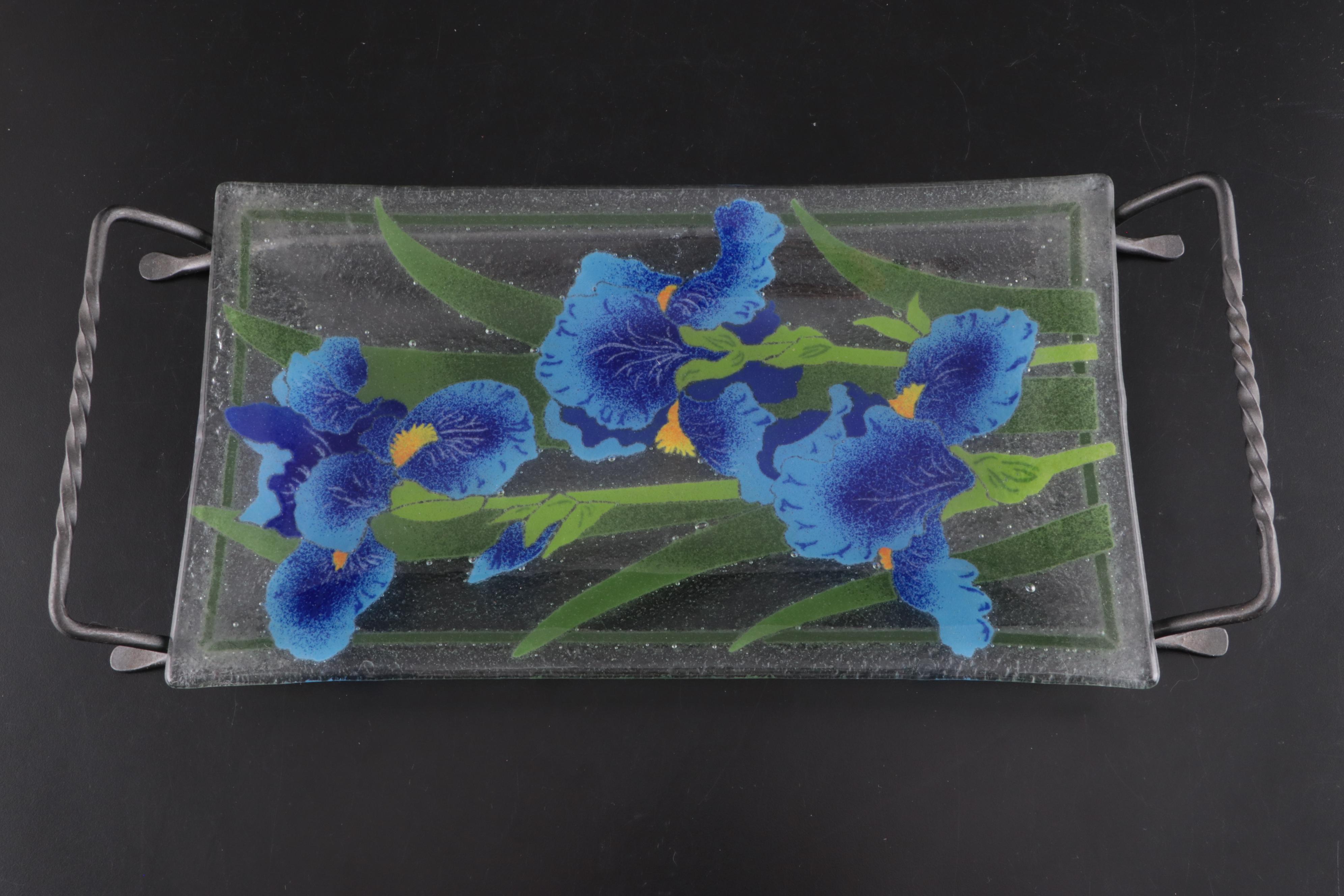 Iris Motif Fused Glass Serving Platter with Metal Stand