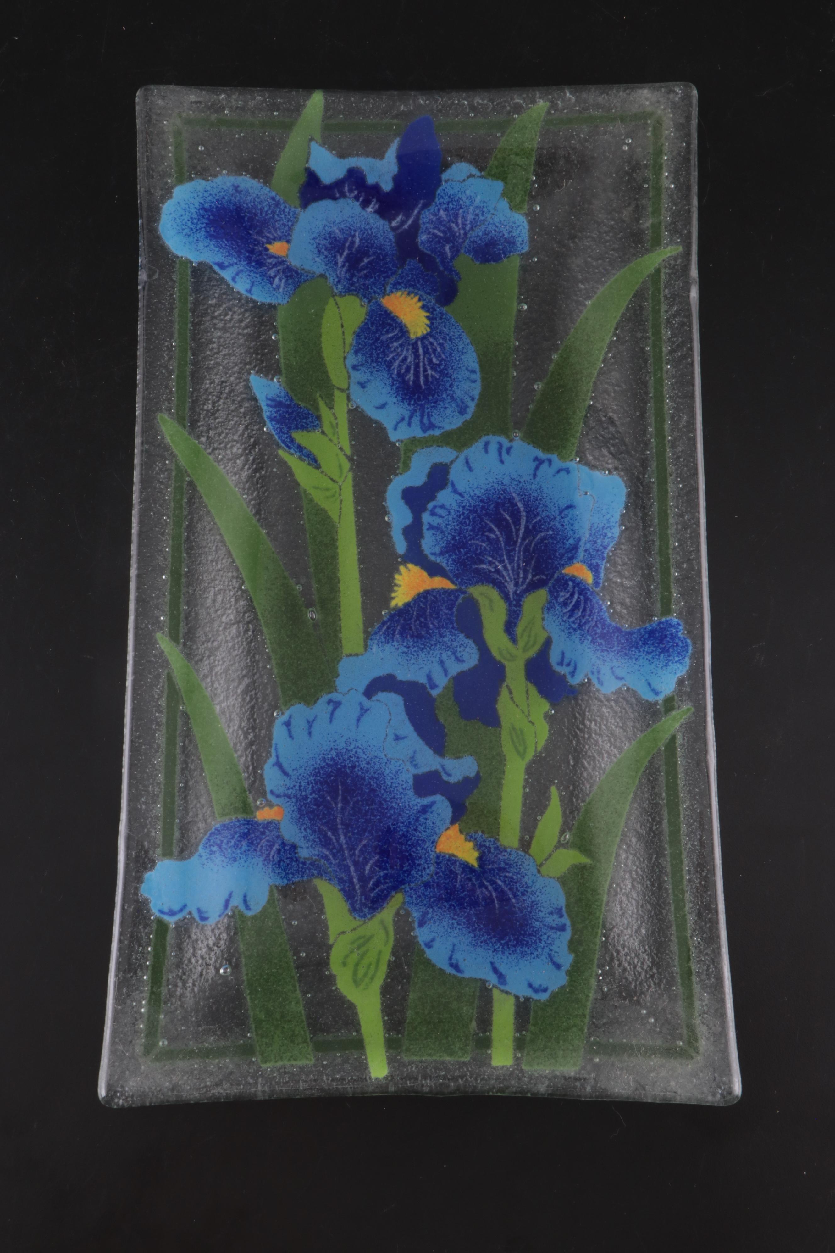 Iris Motif Fused Glass Serving Platter with Metal Stand