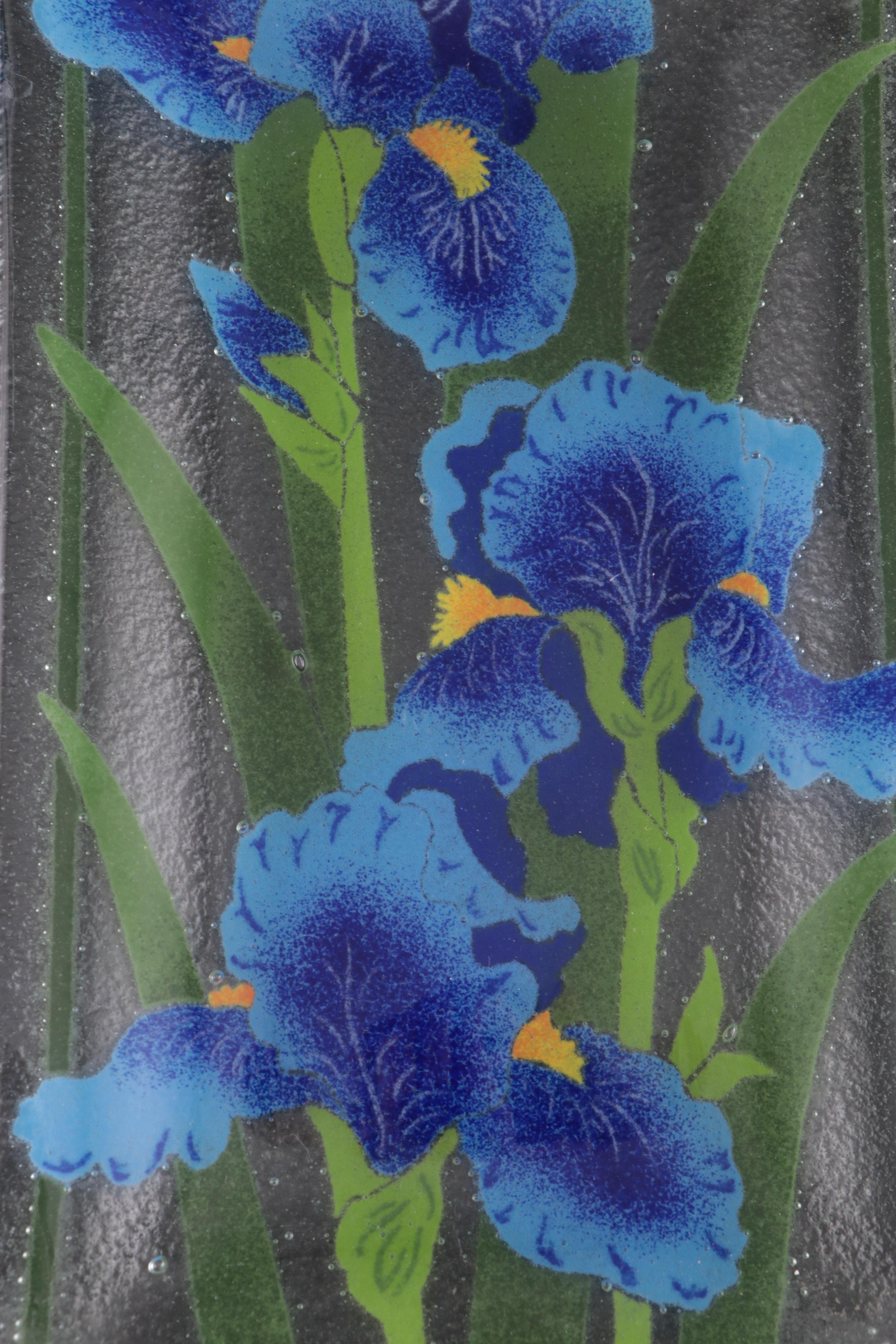 Iris Motif Fused Glass Serving Platter with Metal Stand