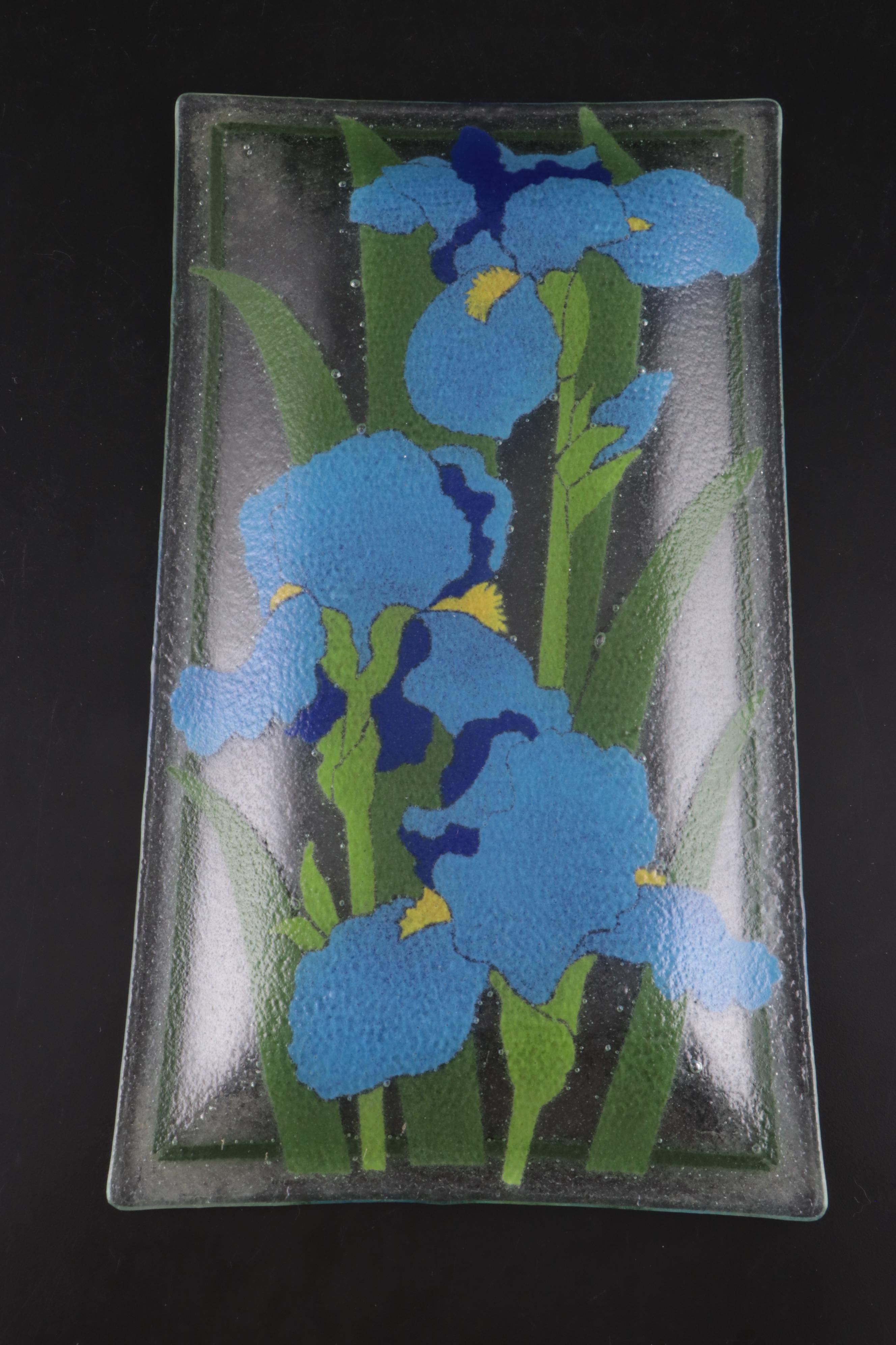 Iris Motif Fused Glass Serving Platter with Metal Stand