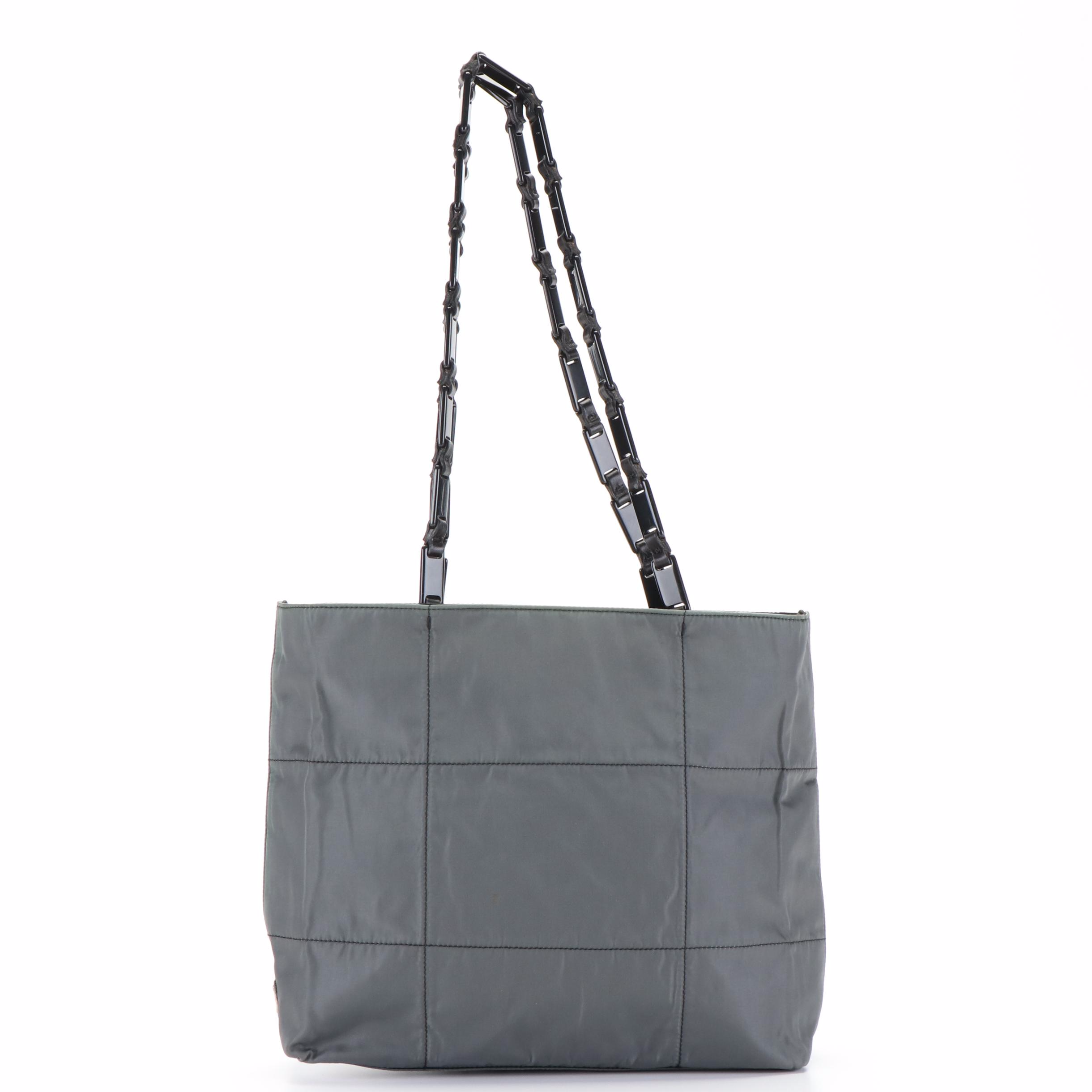Prada Tessuto Gray Nylon Tote Bag with Black Chain Straps