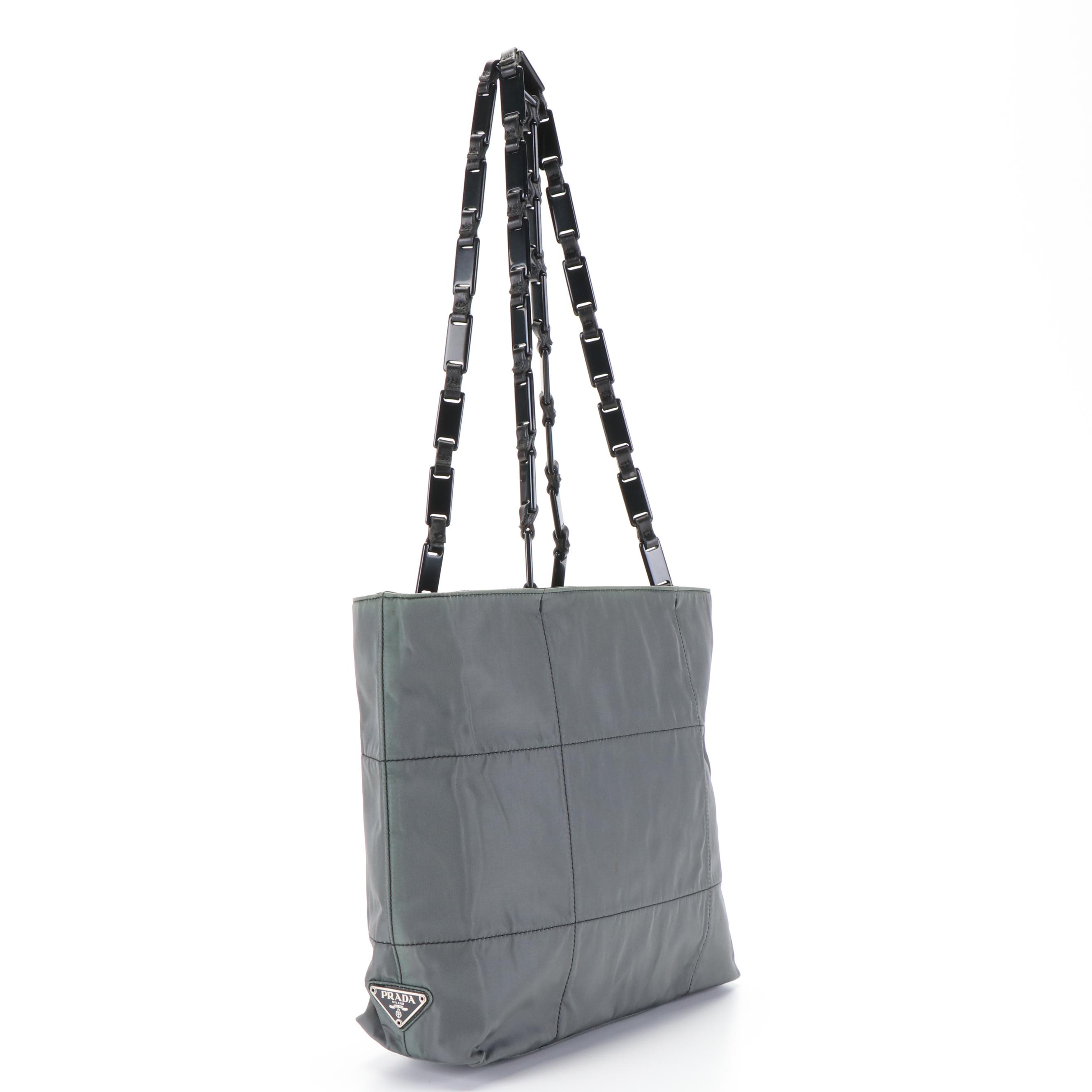 Prada Tessuto Gray Nylon Tote Bag with Black Chain Straps