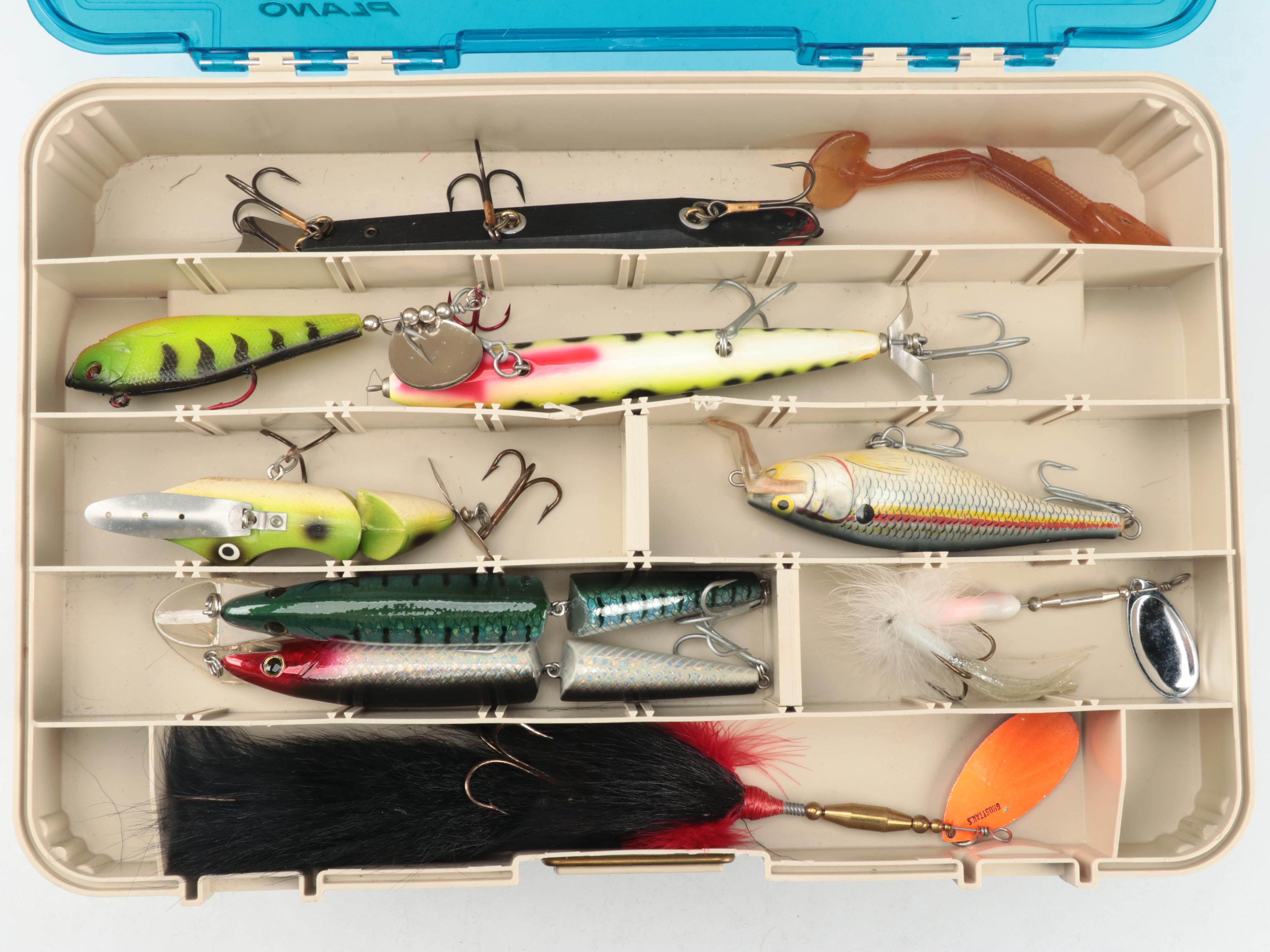 Plano Two Tier Tackle Box with Plastic Fish Baits and More