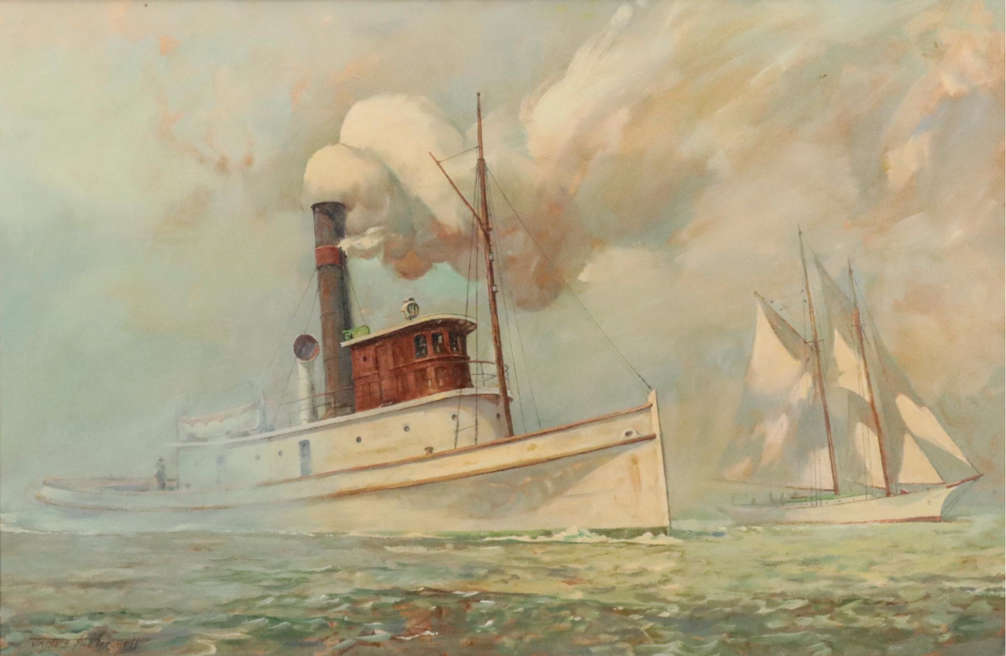 James A. Mitchell Oil Painting of Two Ships
