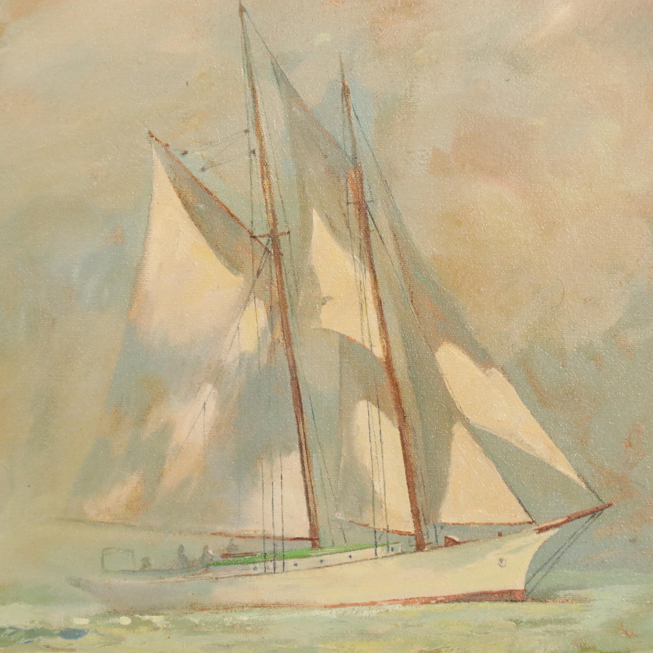 James A. Mitchell Oil Painting of Two Ships