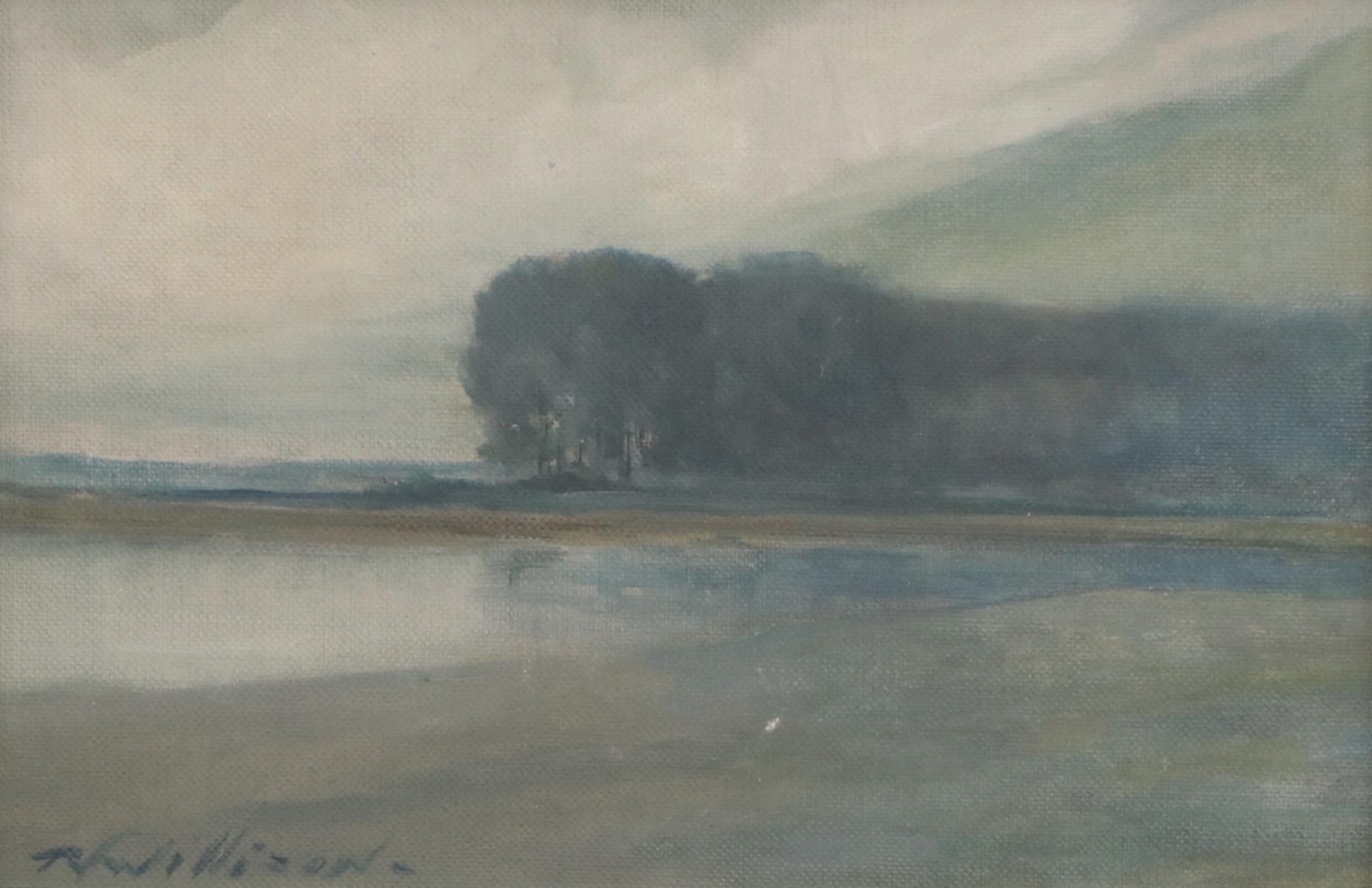 Thomas J. Willison Oil Painting of Atmospheric Lake Landscape