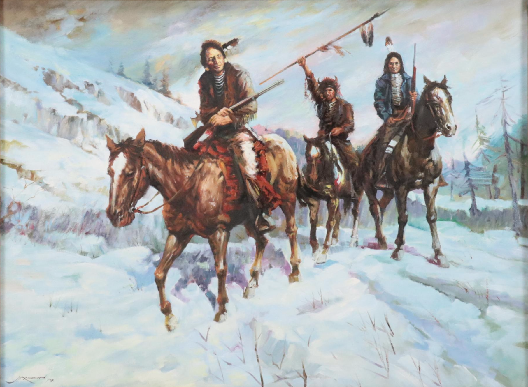 Winter Landscape Oil Painting of Native Americans On Horses, 1979