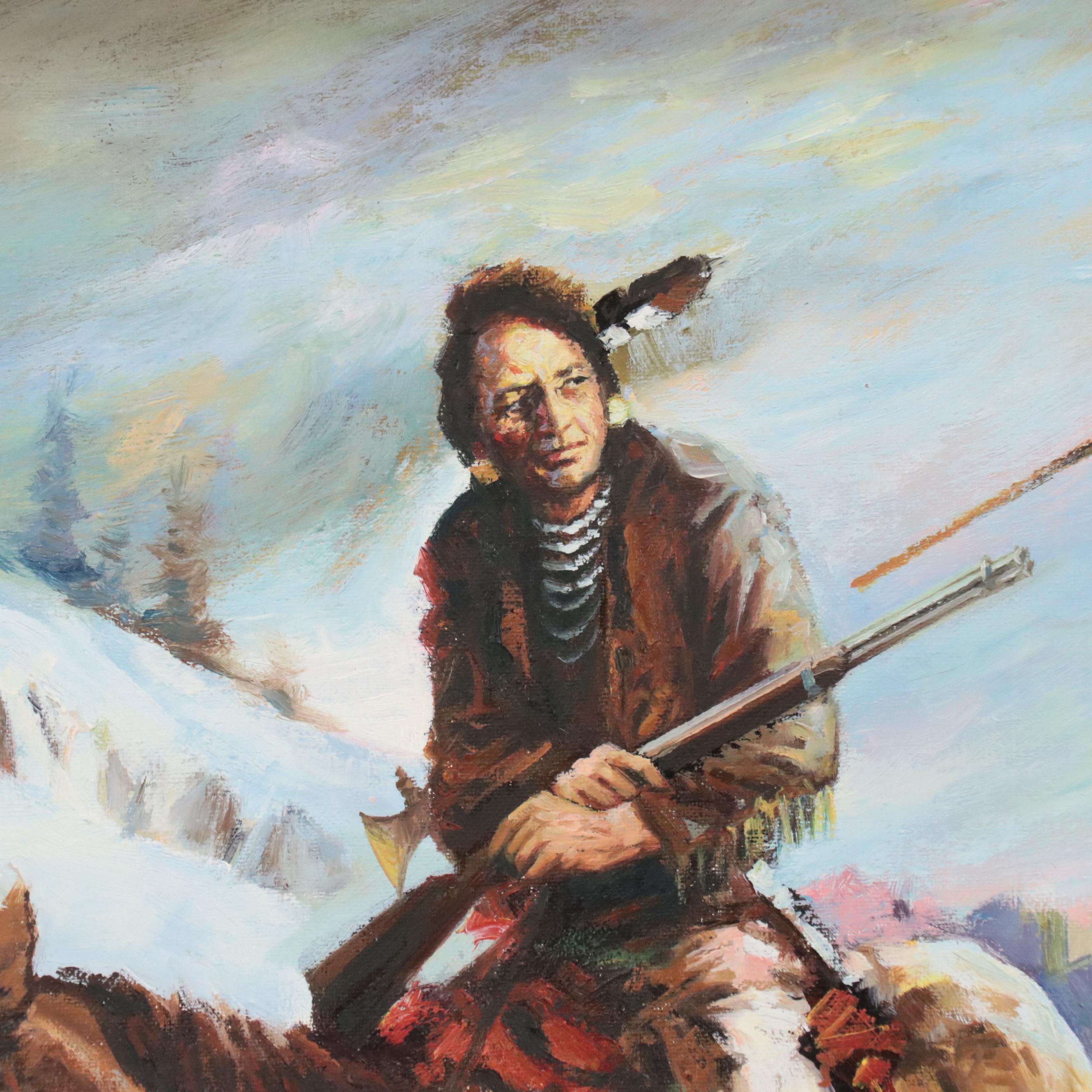 Winter Landscape Oil Painting of Native Americans On Horses, 1979