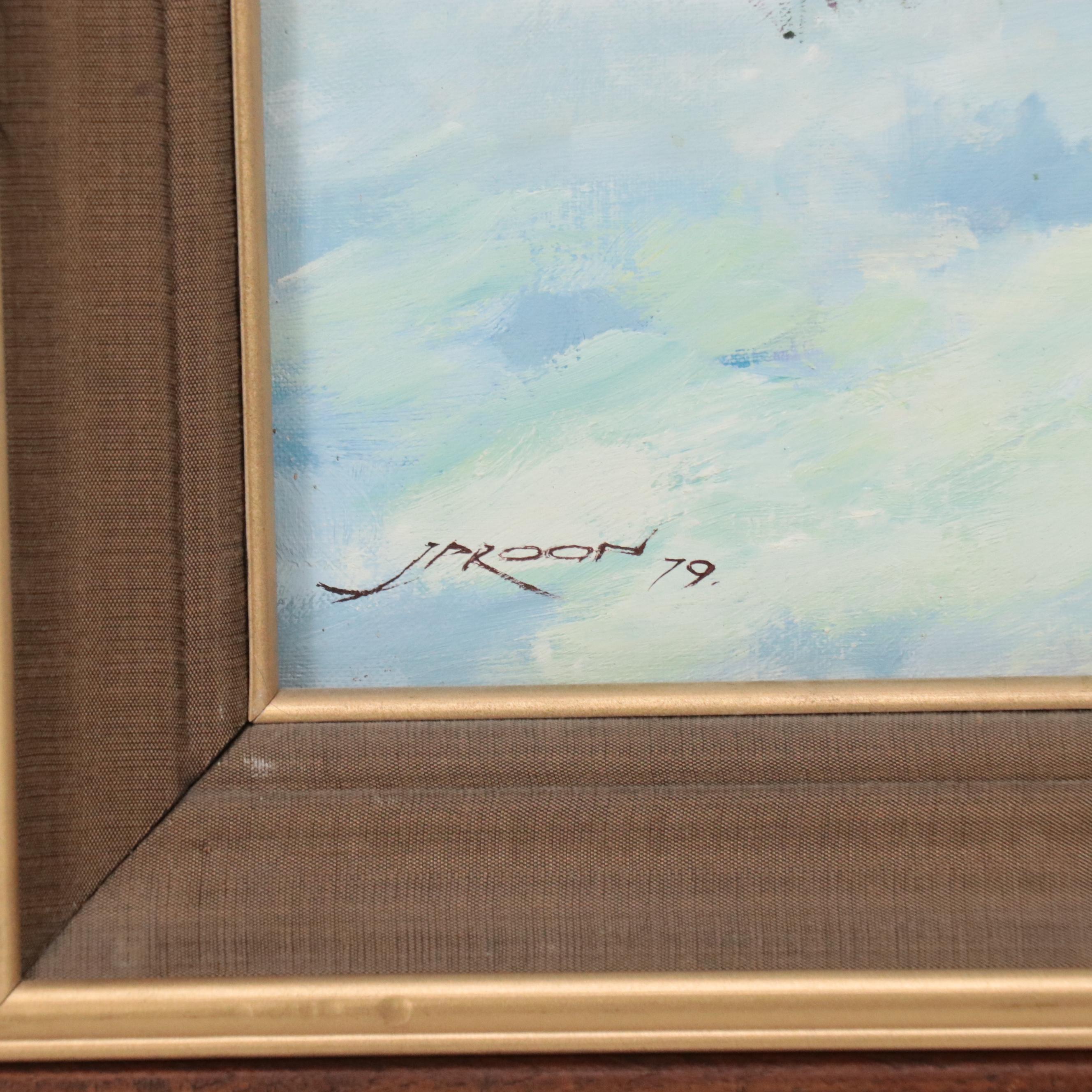 Winter Landscape Oil Painting of Native Americans On Horses, 1979