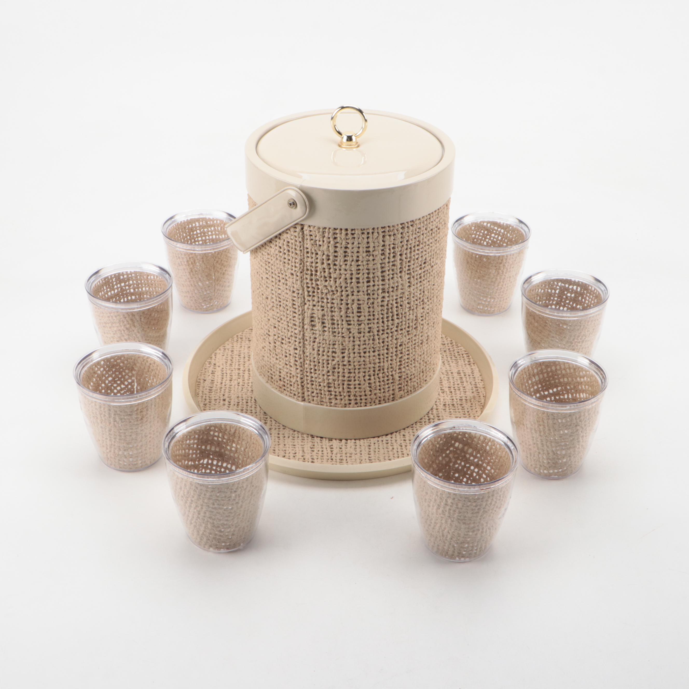 Mid Century Modern Style Rattan Ice Bucket with Tumblers and Tray