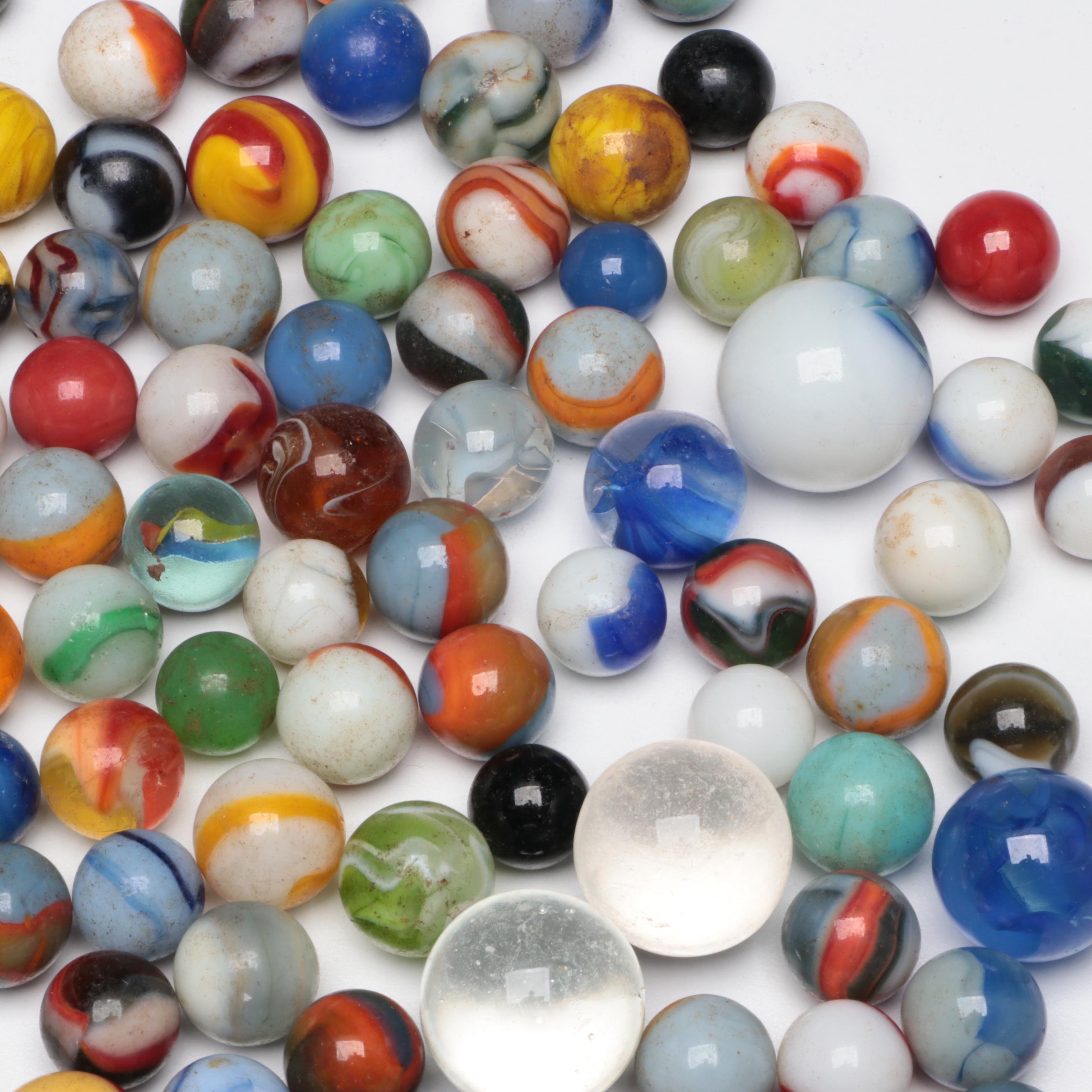 Uranium Glass with Other Marbles and Shooters