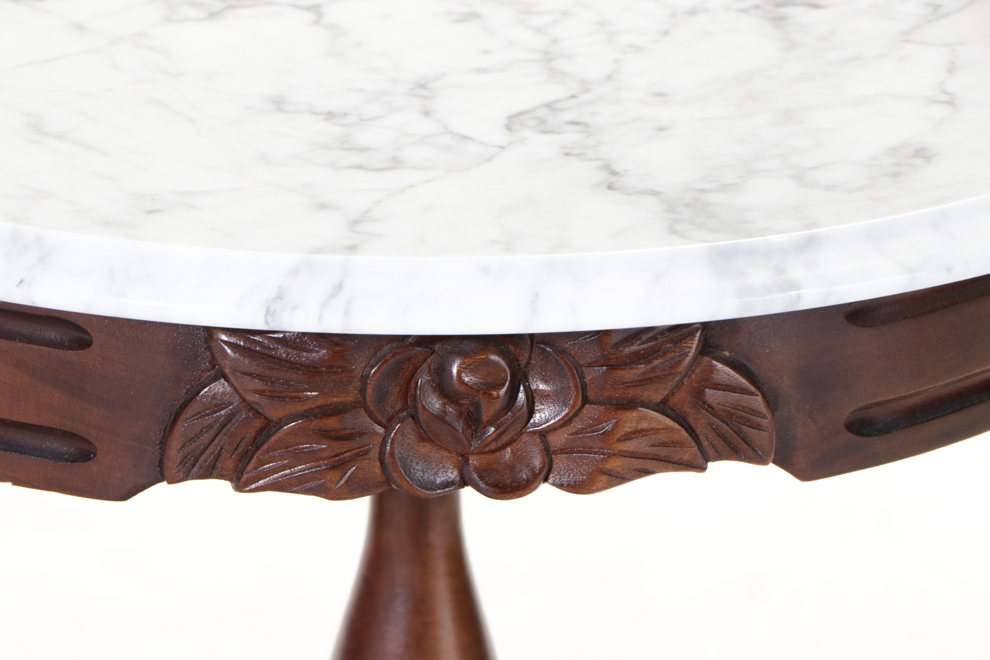 Near Pair Kimball Victorian Replica Carved Hardwood and Marble Top Lamp