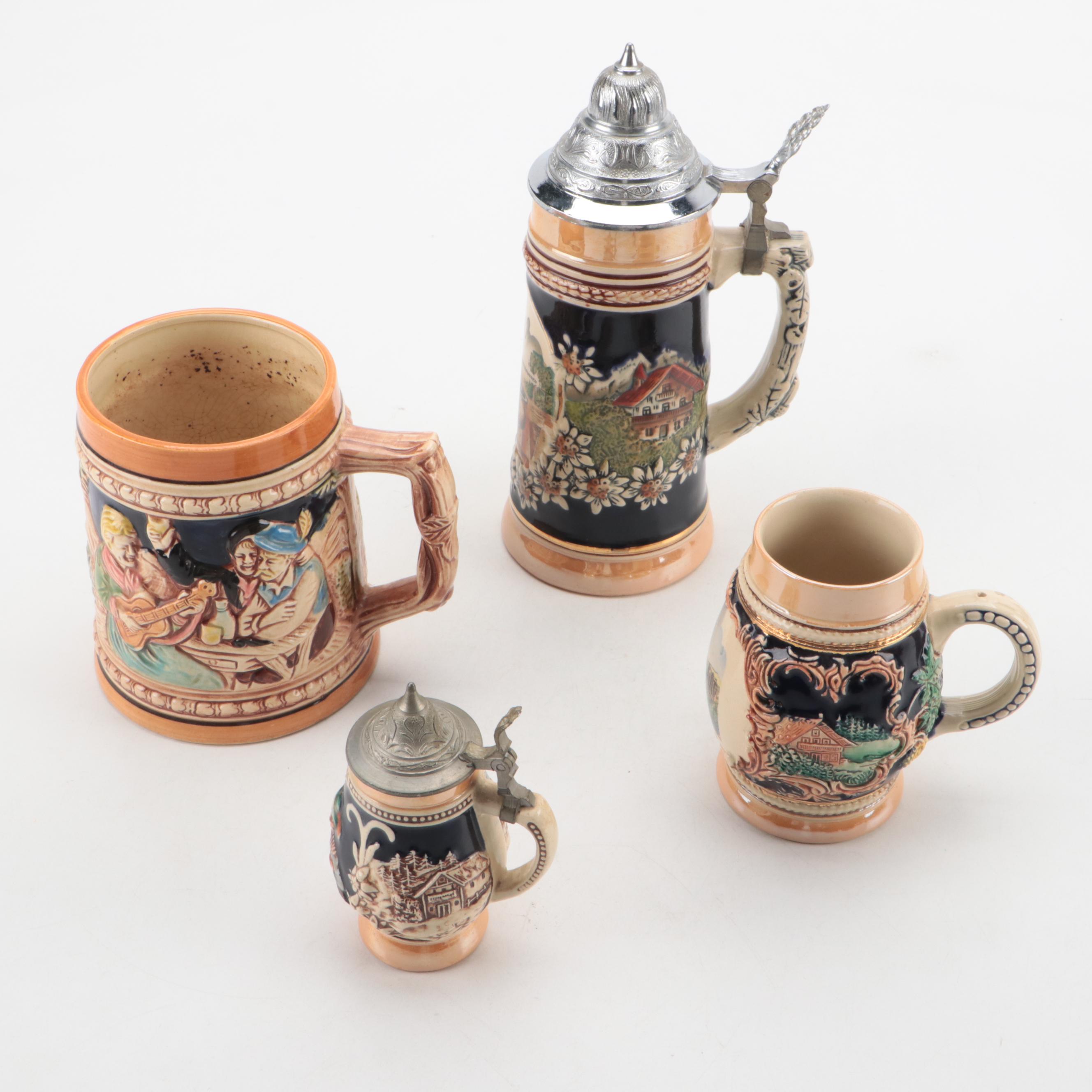 Ceramic Beer Steins, Two with Pewter Lids EBTH