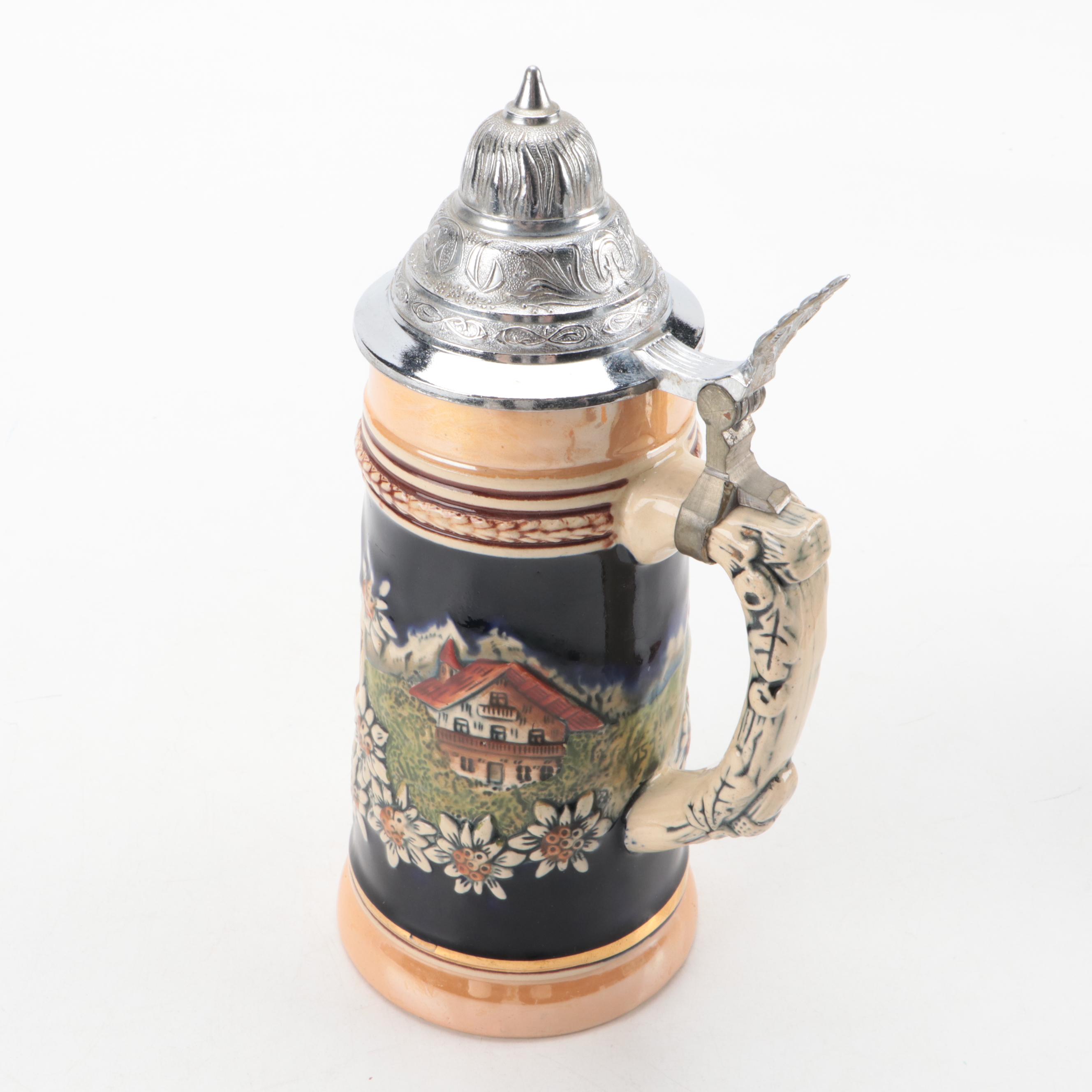 Ceramic Beer Steins, Two with Pewter Lids
