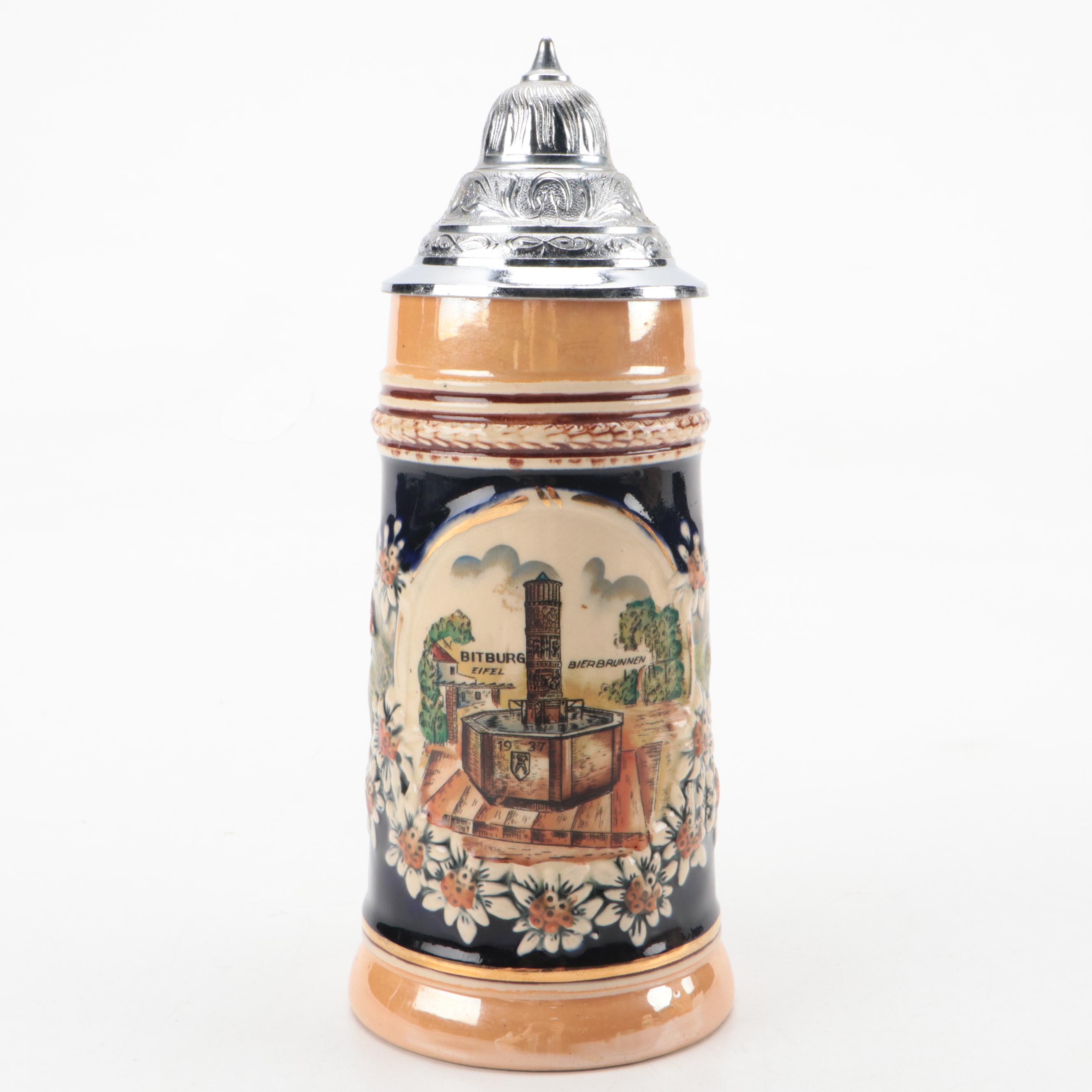 Ceramic Beer Steins, Two with Pewter Lids