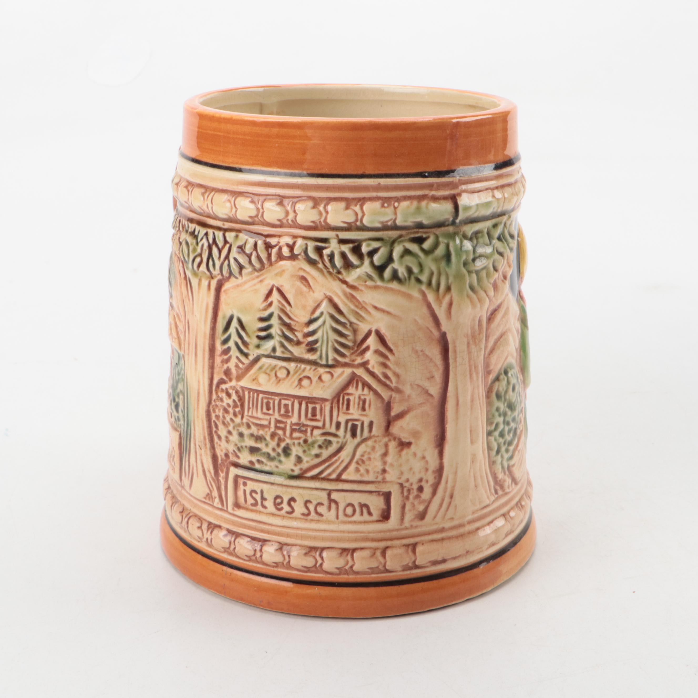 Ceramic Beer Steins, Two with Pewter Lids