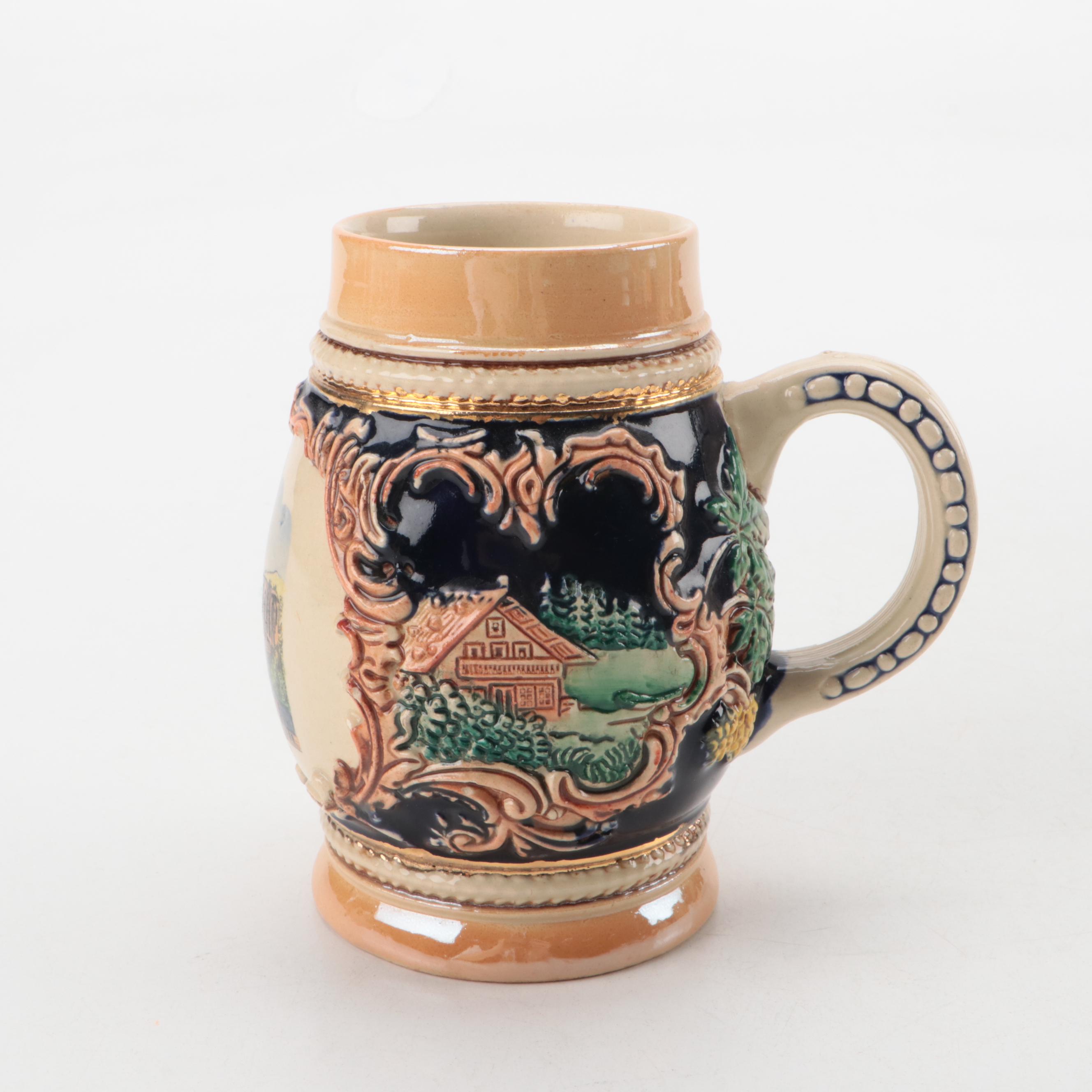 Ceramic Beer Steins, Two with Pewter Lids