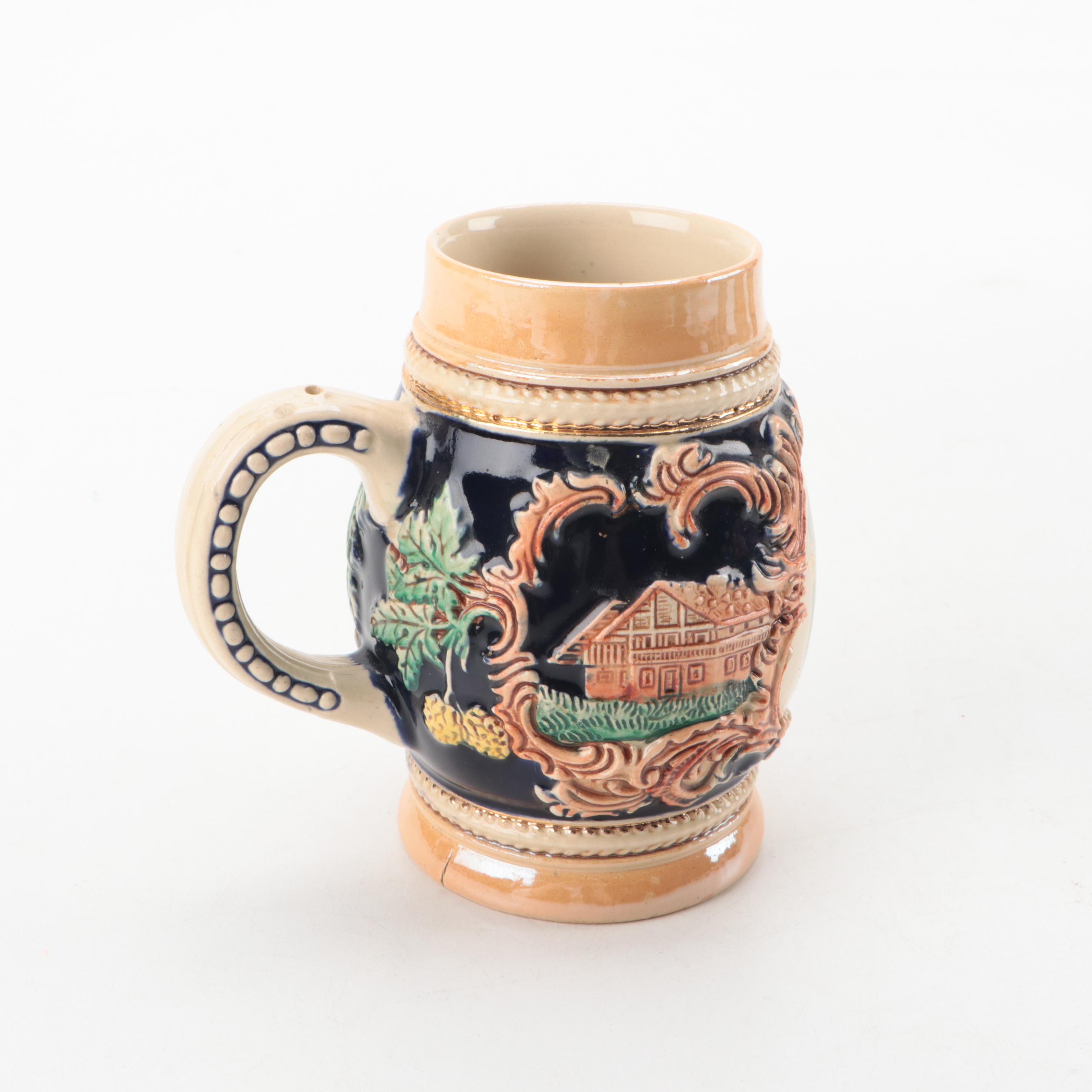 Ceramic Beer Steins, Two with Pewter Lids