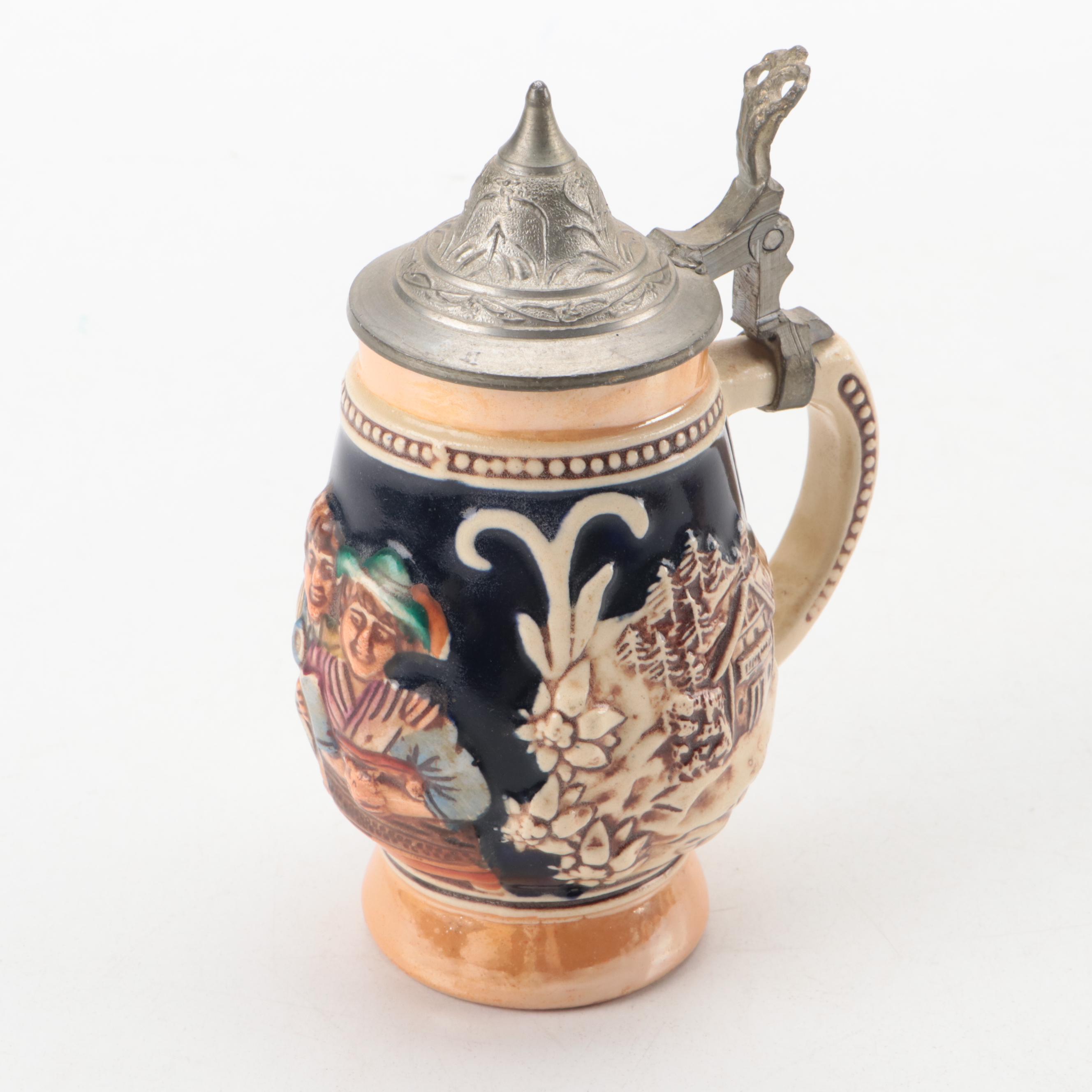 Ceramic Beer Steins, Two with Pewter Lids