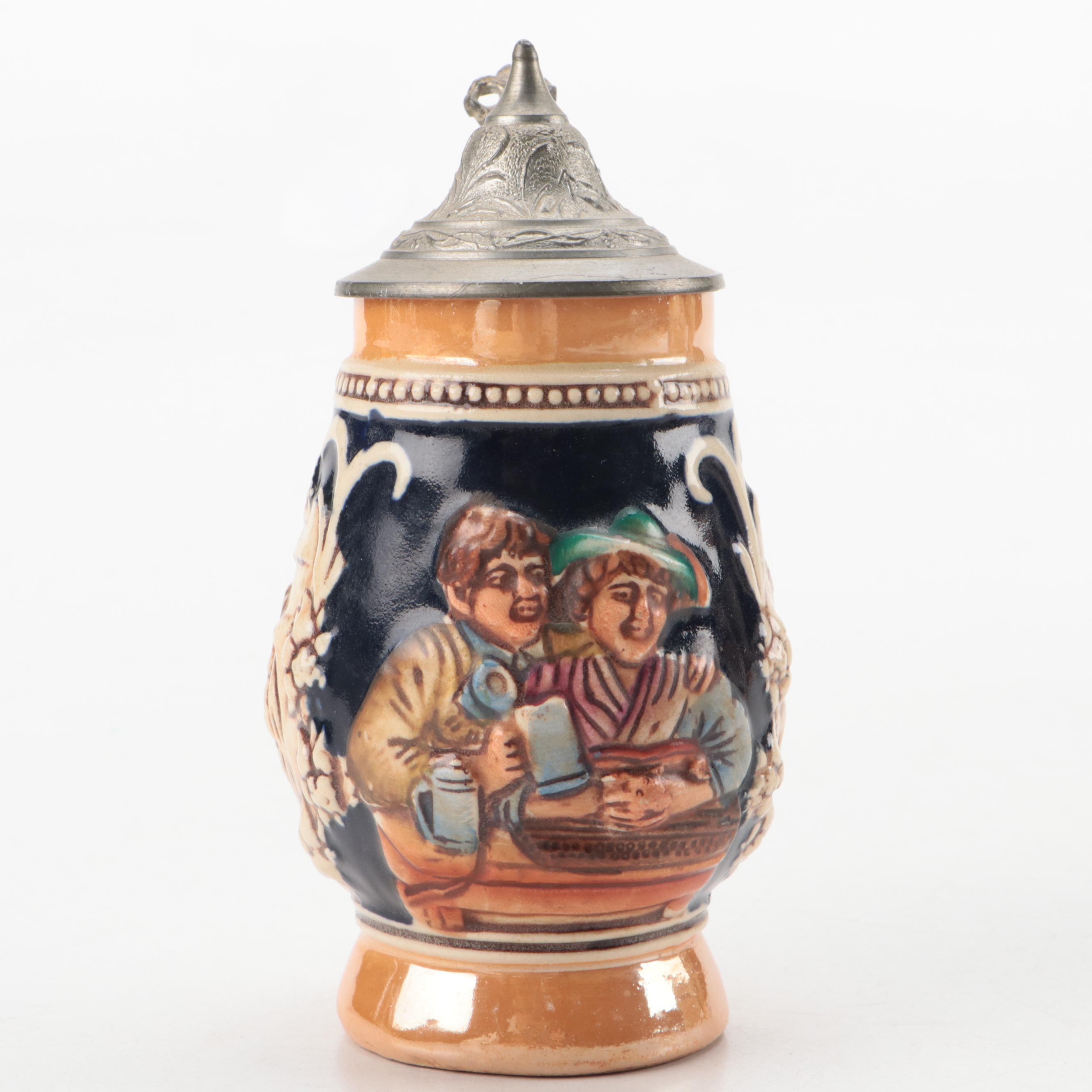 Ceramic Beer Steins, Two with Pewter Lids