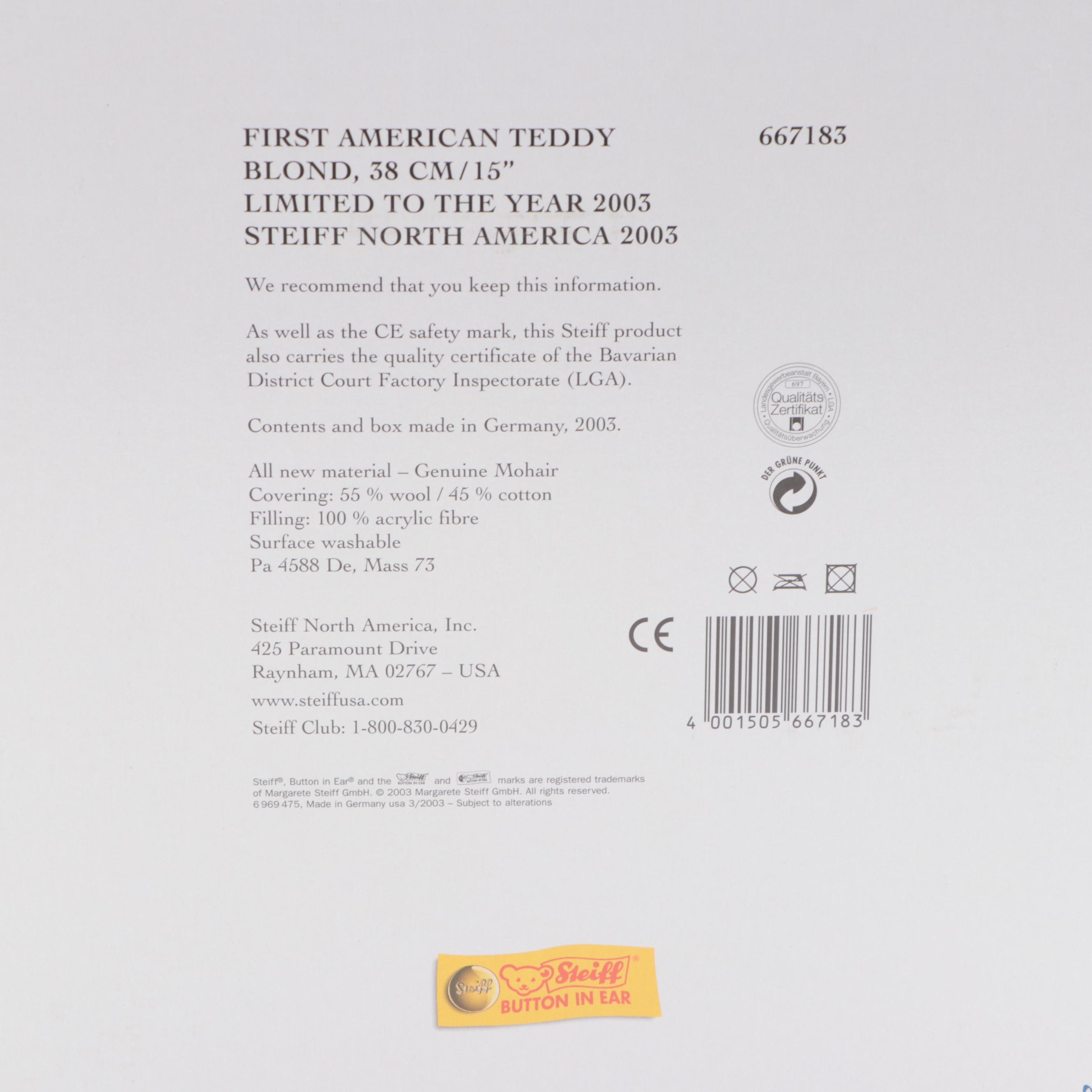 Steiff Limited Edition "The First American Teddy" Mohair Teddy Bear, 2003