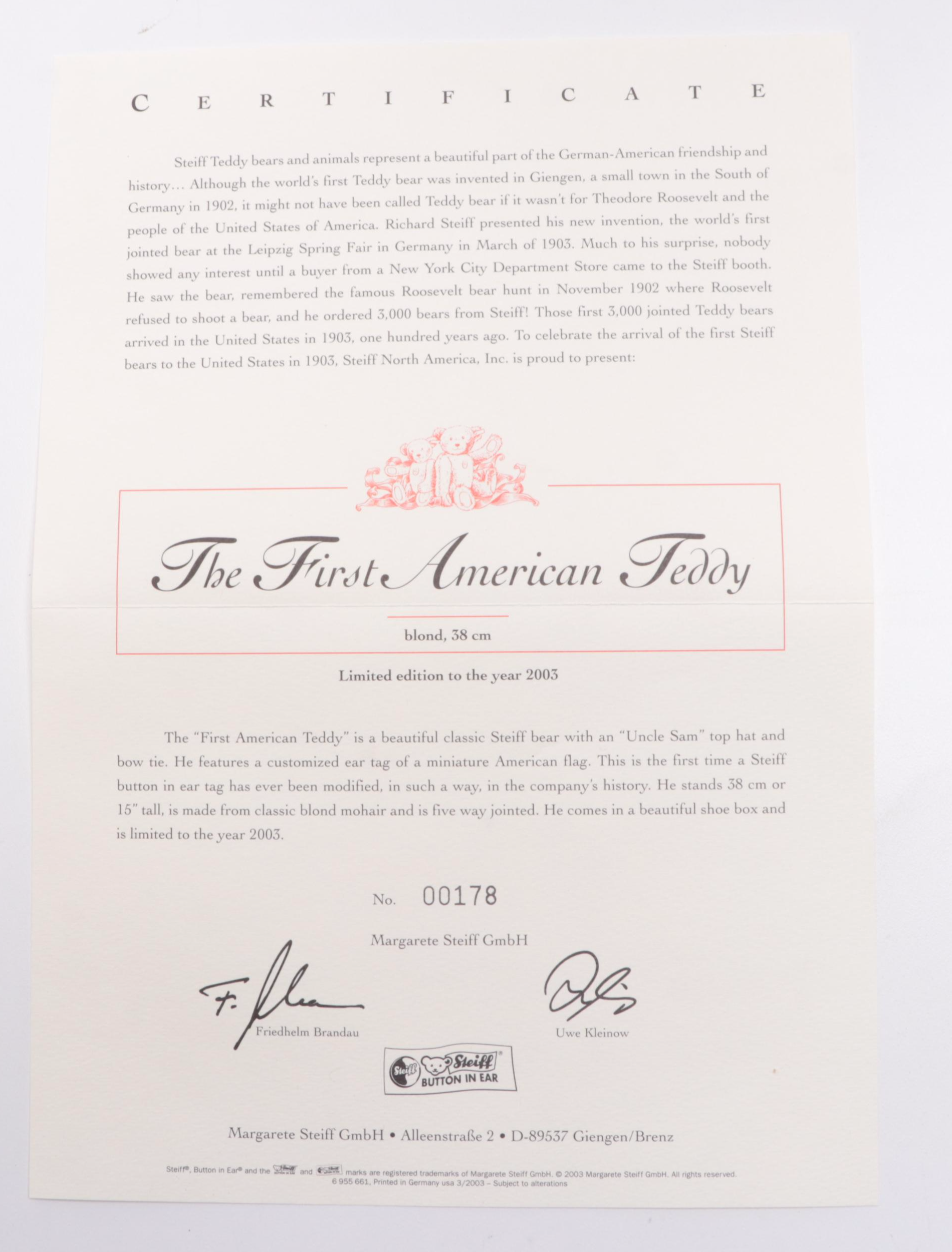 Steiff Limited Edition "The First American Teddy" Mohair Teddy Bear, 2003