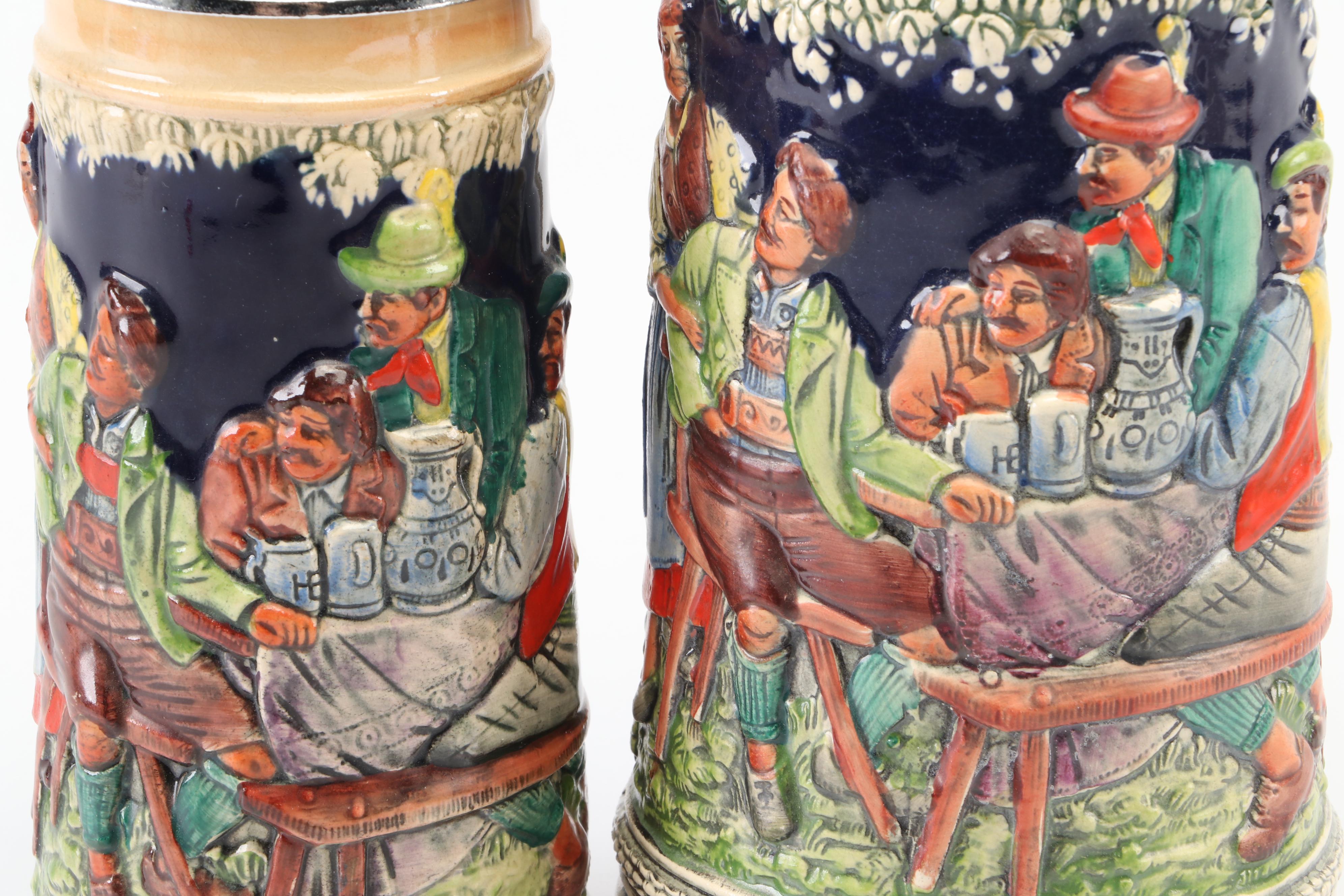 German and Other Ceramic Beer Steins with Pewter Lids