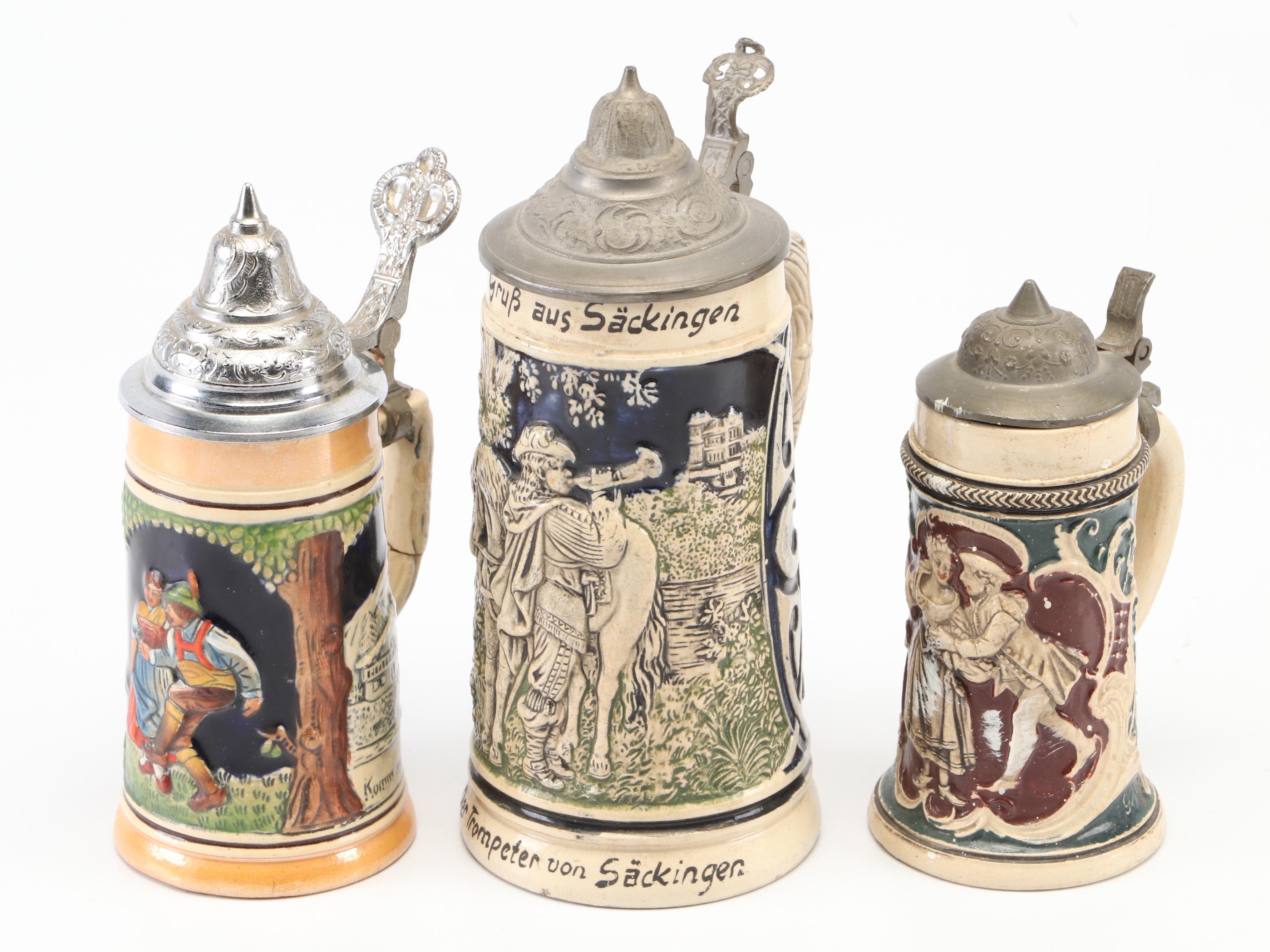 German and Other Ceramic Beer Steins with Pewter Lids