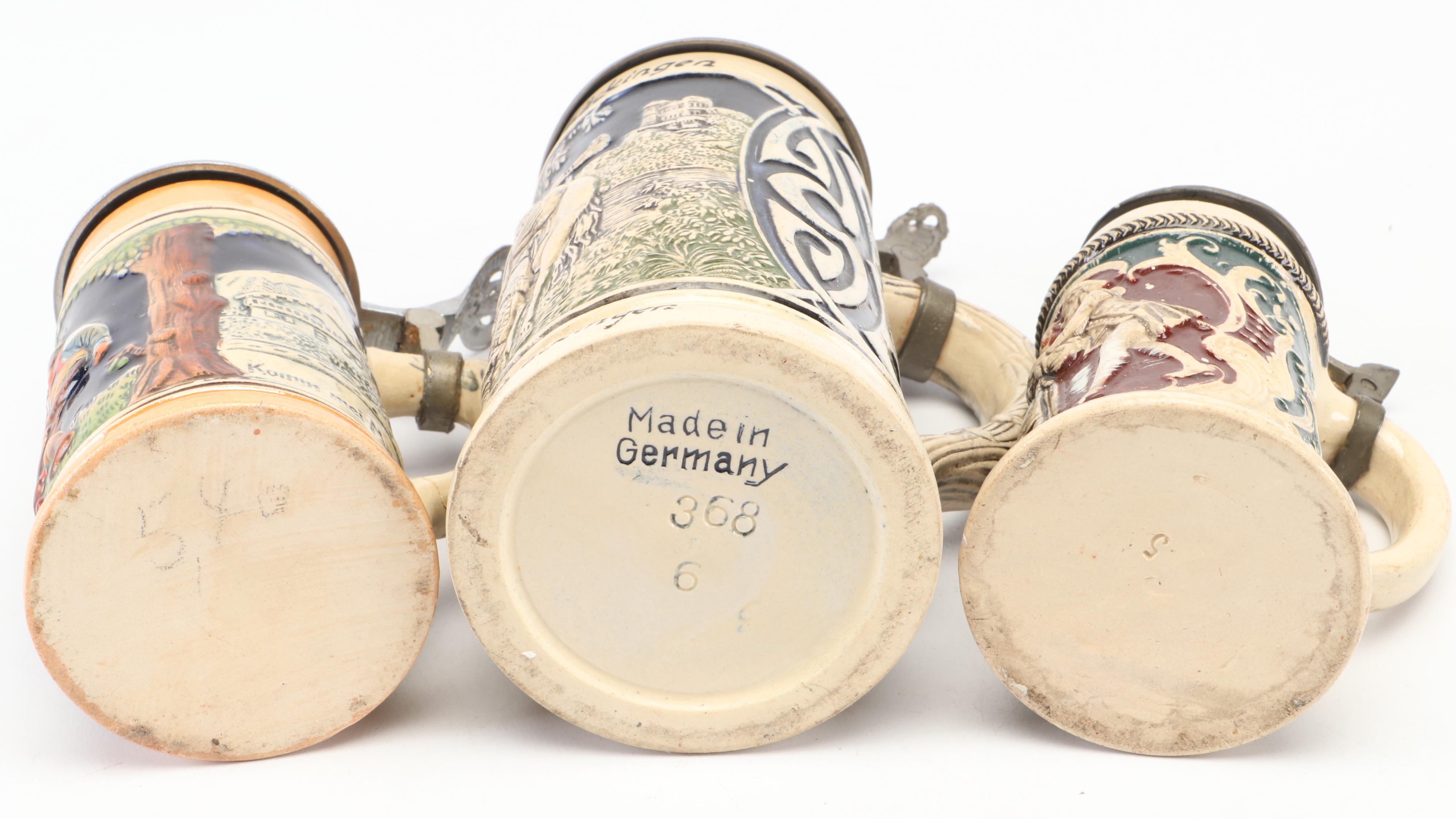 German and Other Ceramic Beer Steins with Pewter Lids