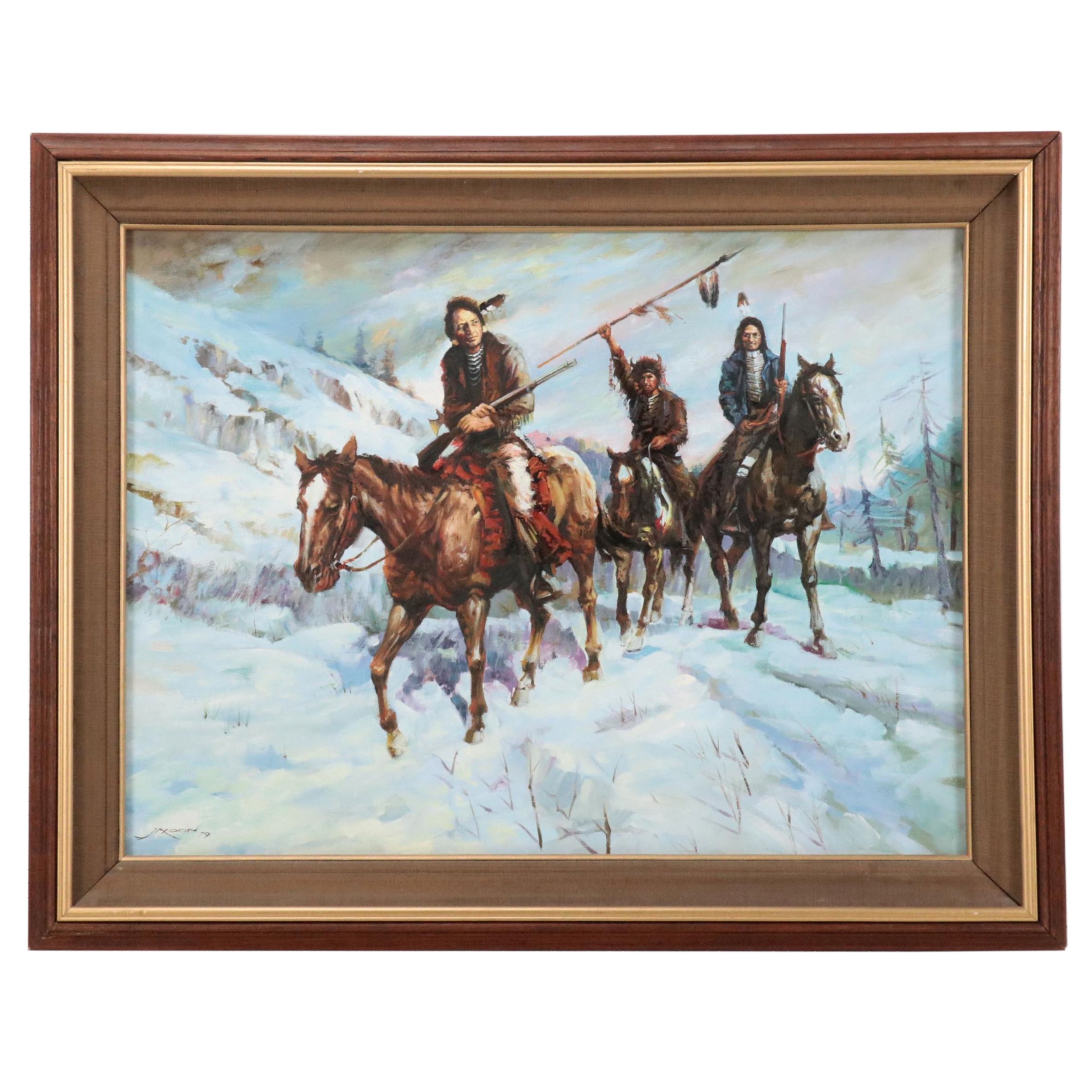 Winter Landscape Oil Painting of Native Americans On Horses, 1979
