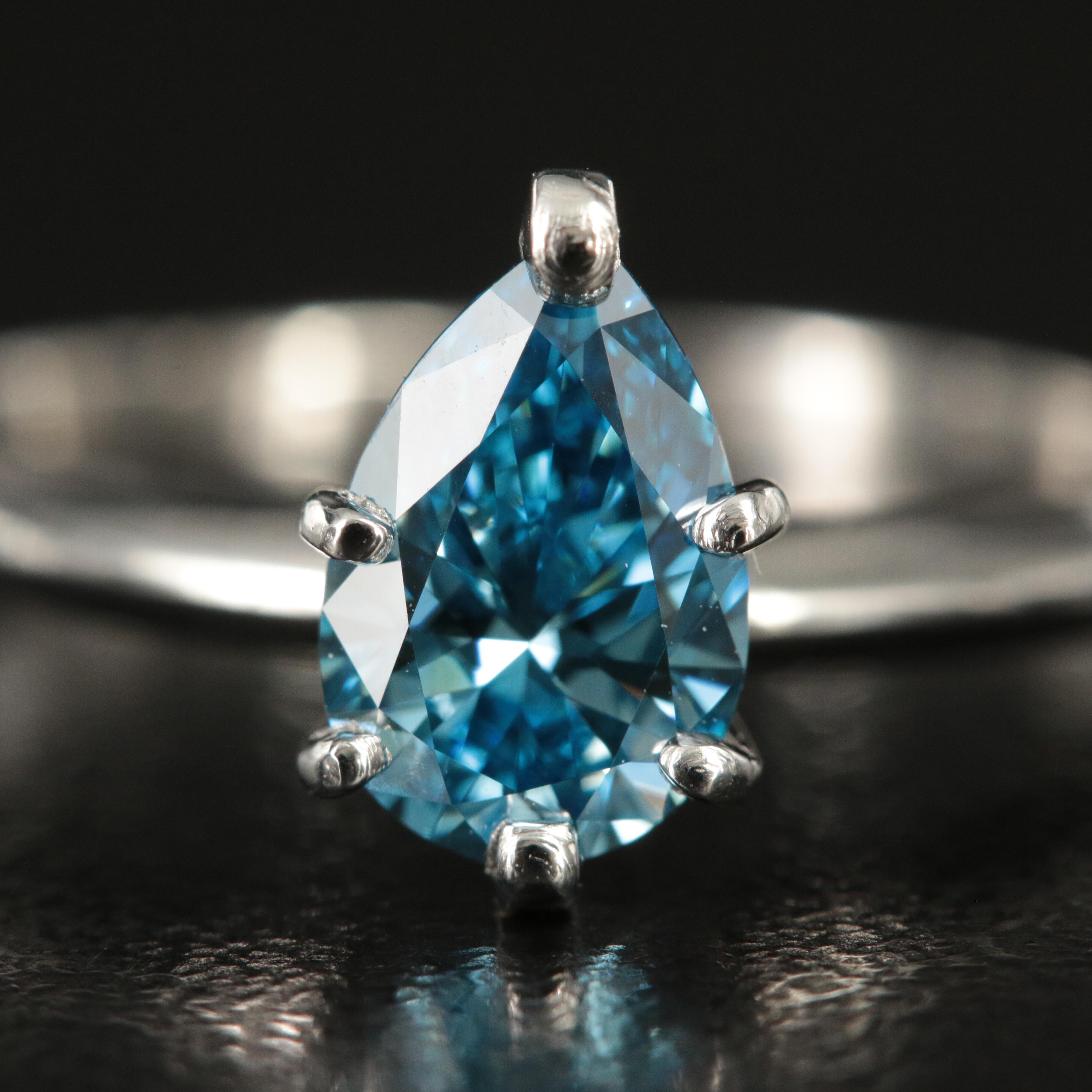 Platinum 1.01 CT Fancy Blue Diamond Solitaire Ring