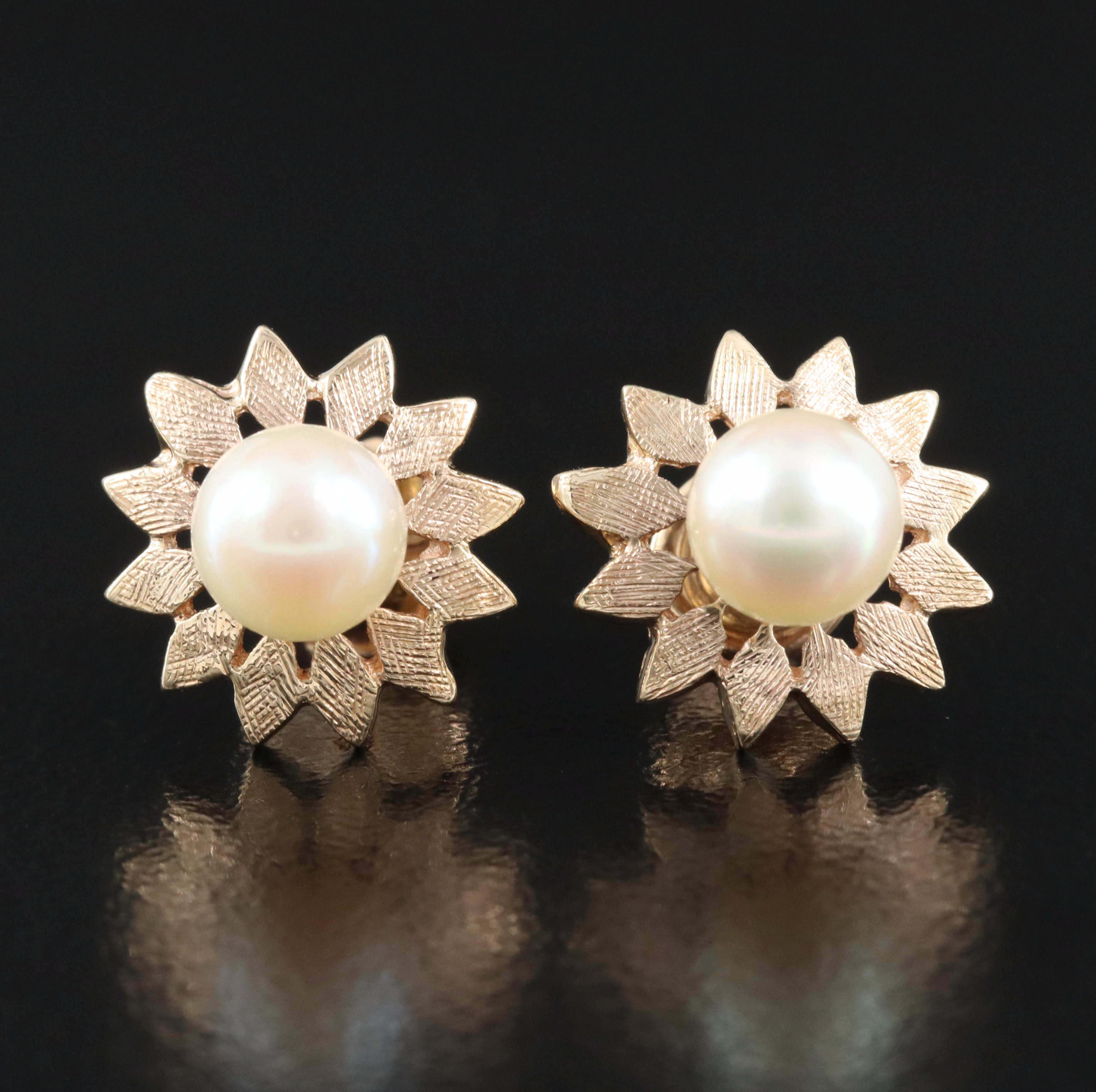 Vintage 14K Pearl Flower Stud Earrings