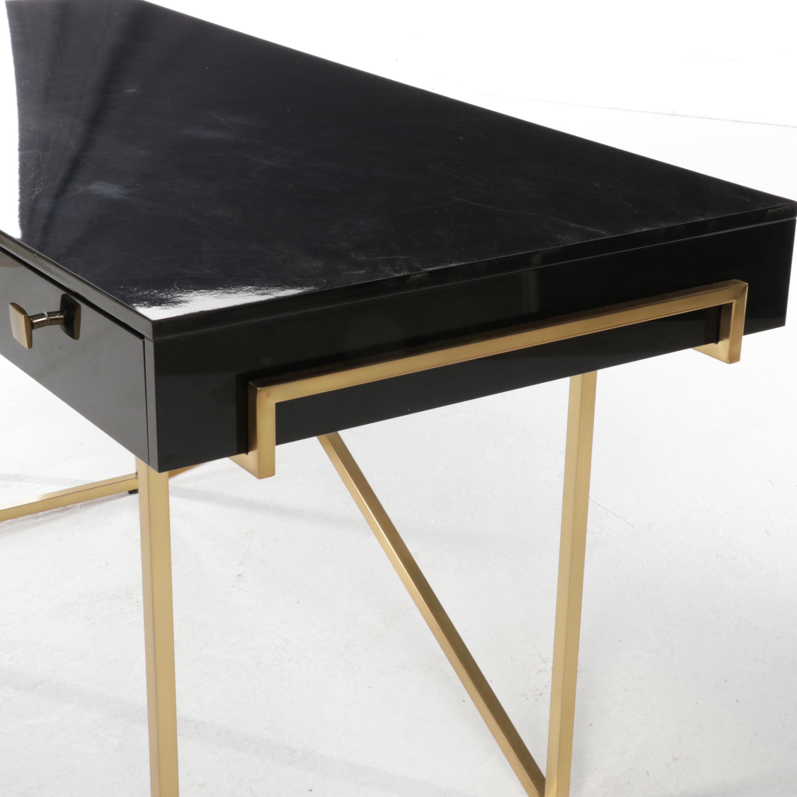 Hettler Tulllman for CB2 Avalon Black Lacquered Desk on Brass Runner Base