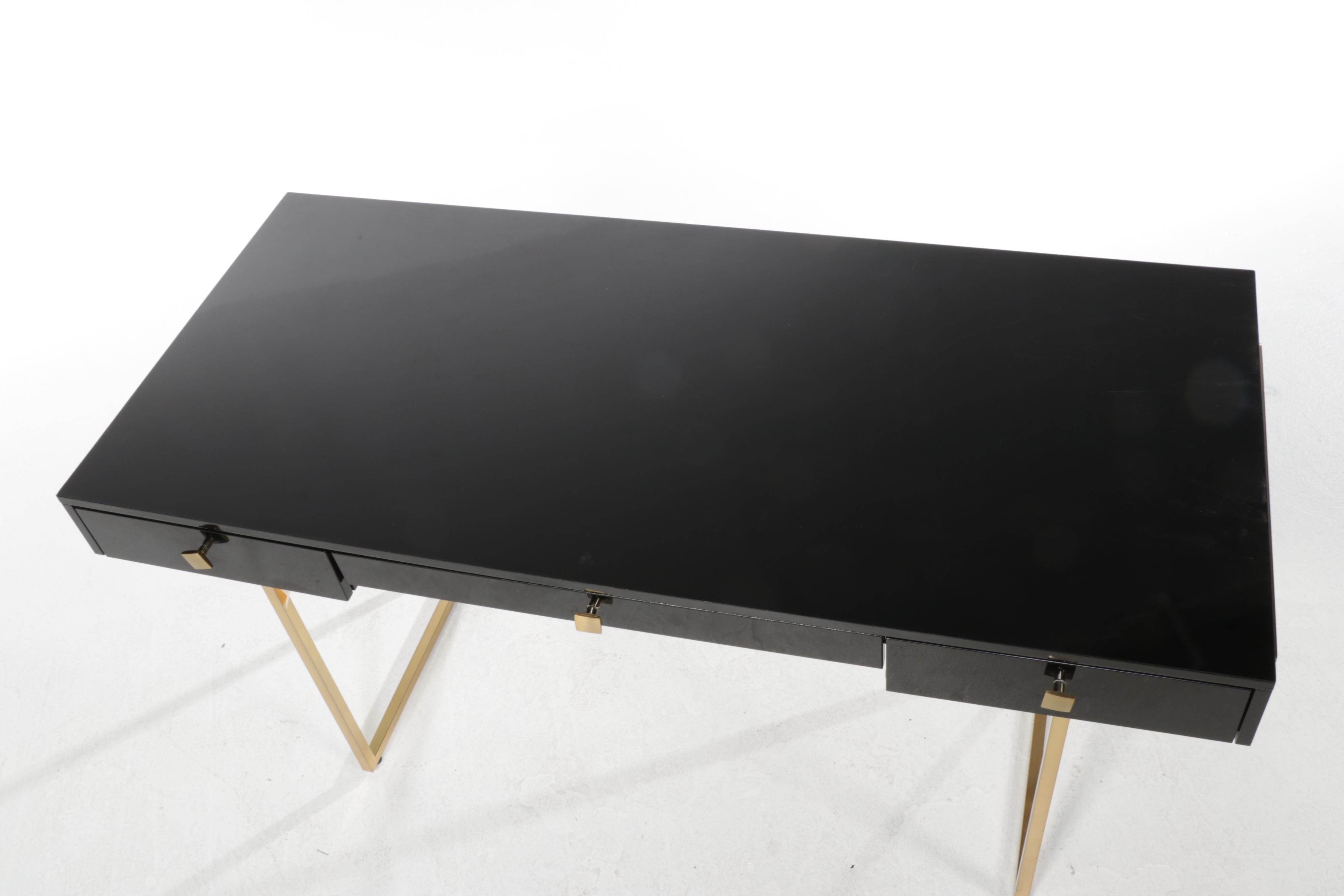 Hettler Tulllman for CB2 Avalon Black Lacquered Desk on Brass Runner Base