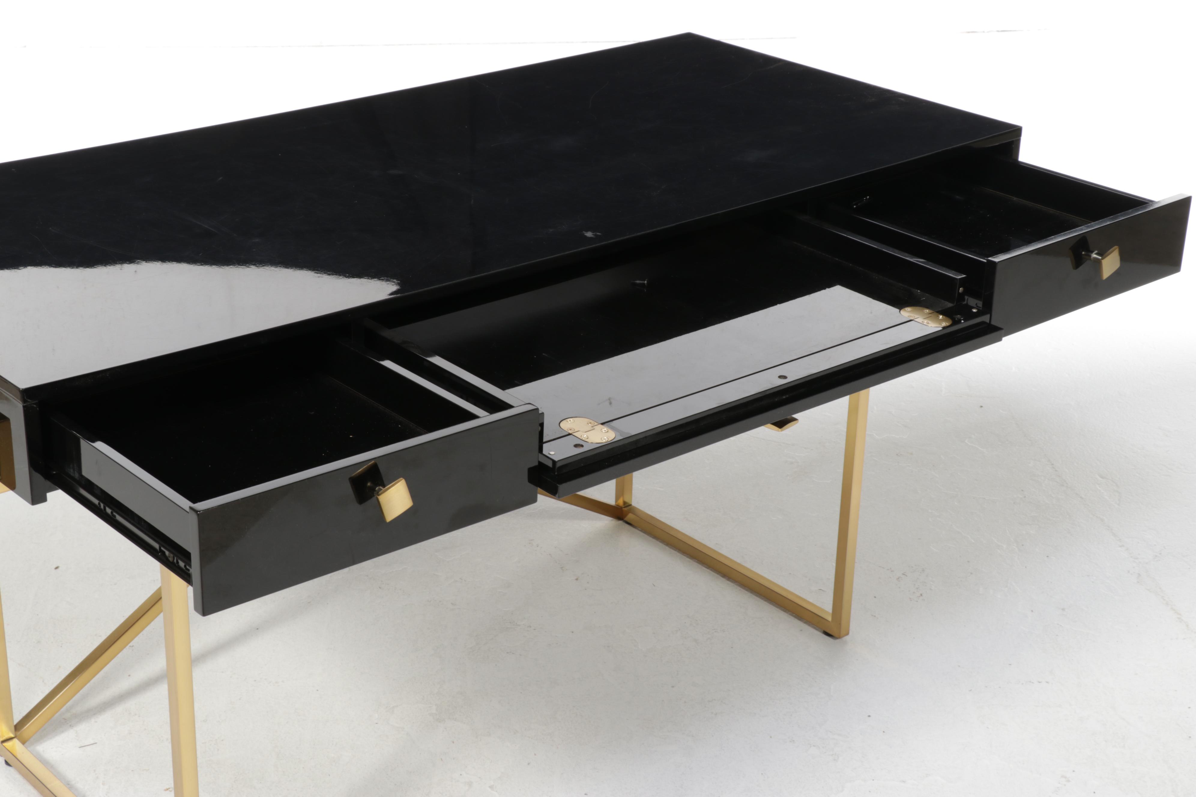 Hettler Tulllman for CB2 Avalon Black Lacquered Desk on Brass Runner Base