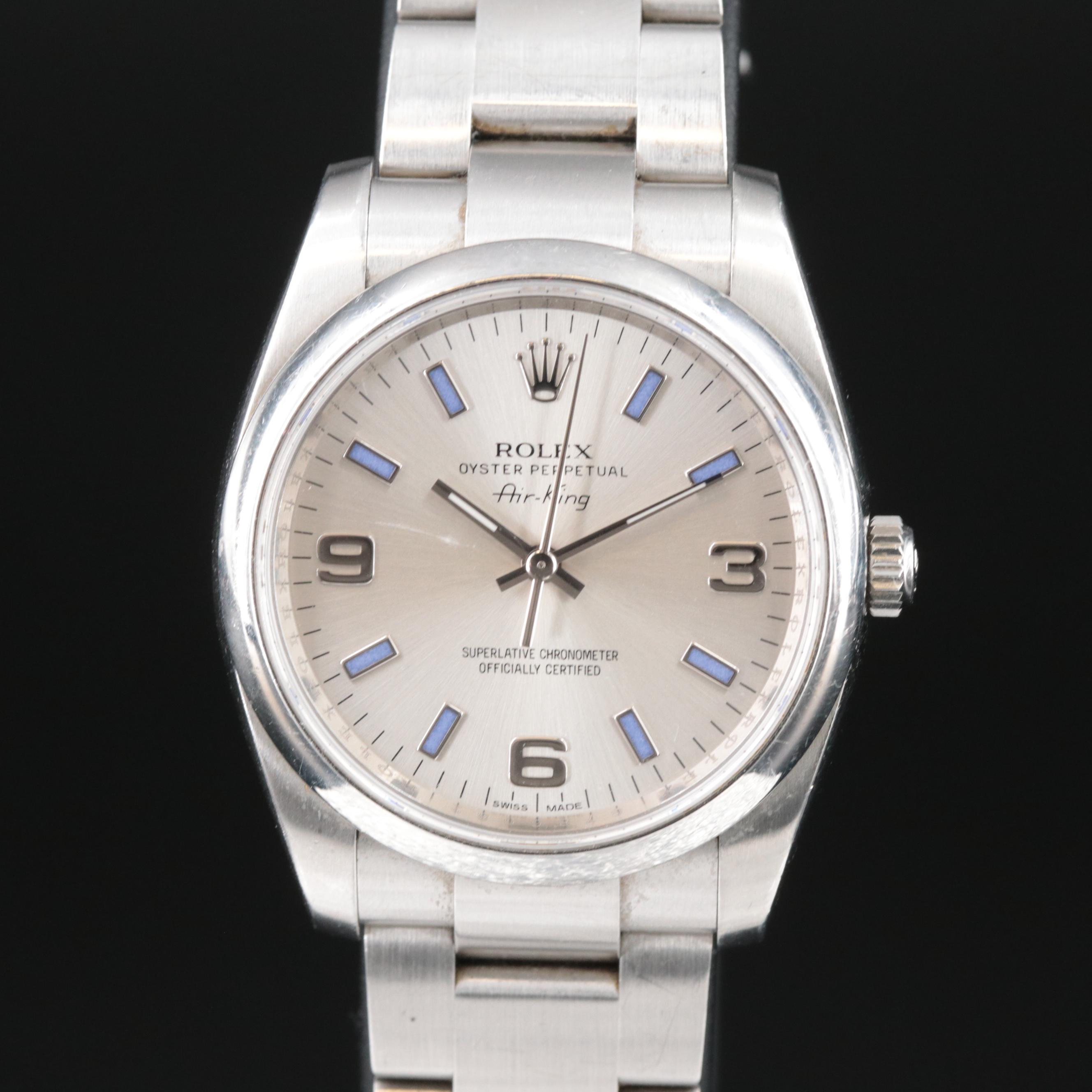 Rolex Oyster Perpetual Air-King Silver Dial, Arabic and Blue Markers Watch