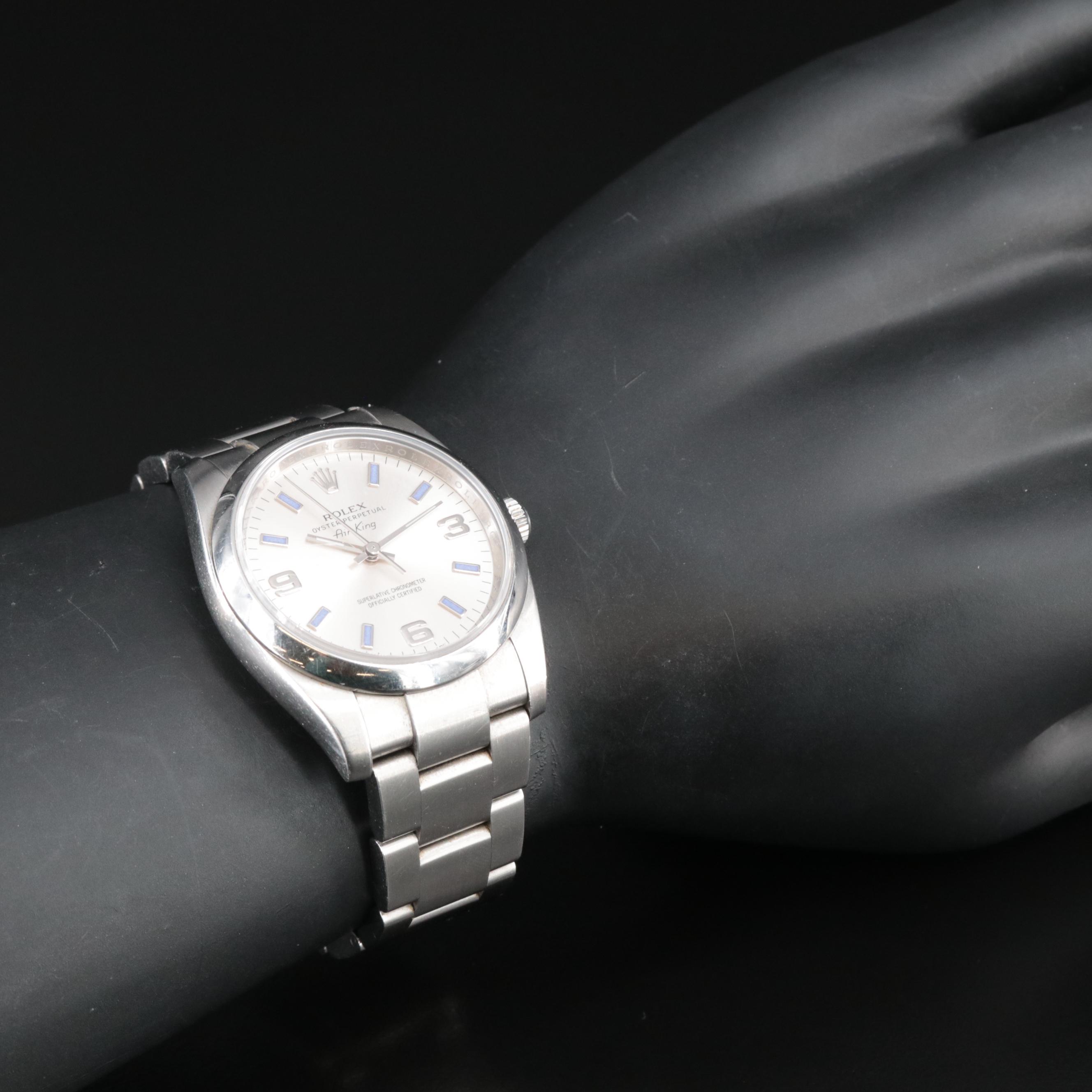 Rolex Oyster Perpetual Air-King Silver Dial, Arabic and Blue Markers Watch
