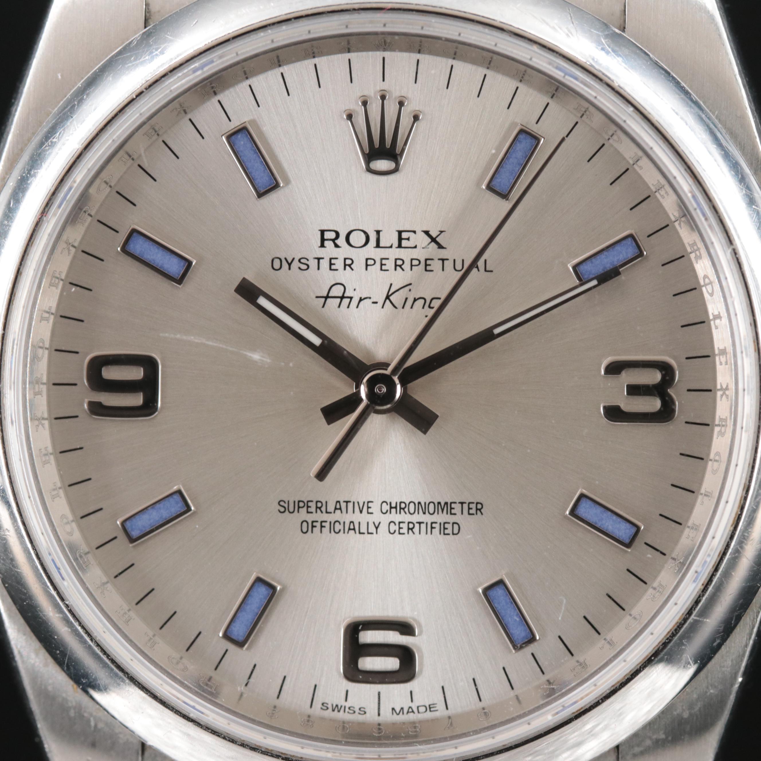 Rolex Oyster Perpetual Air-King Silver Dial, Arabic and Blue Markers Watch