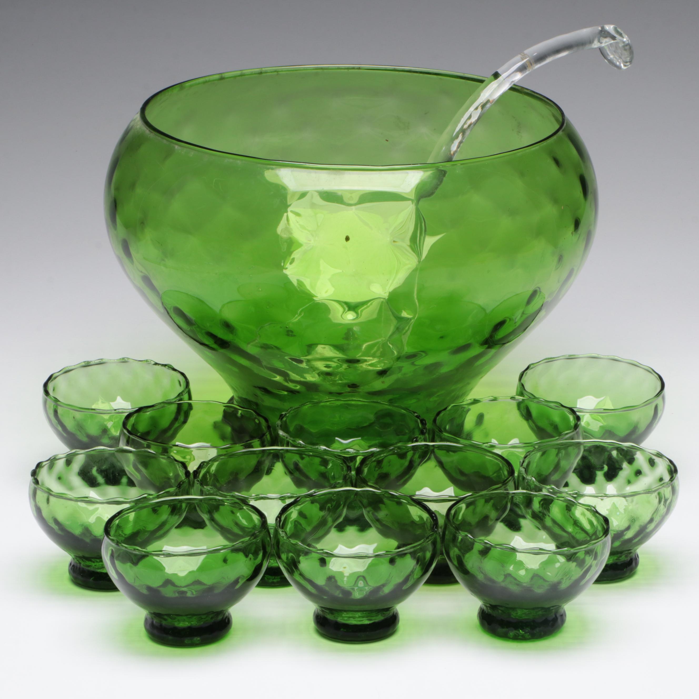 Green Glass Punch Bowl with Glass Cups and Ladle
