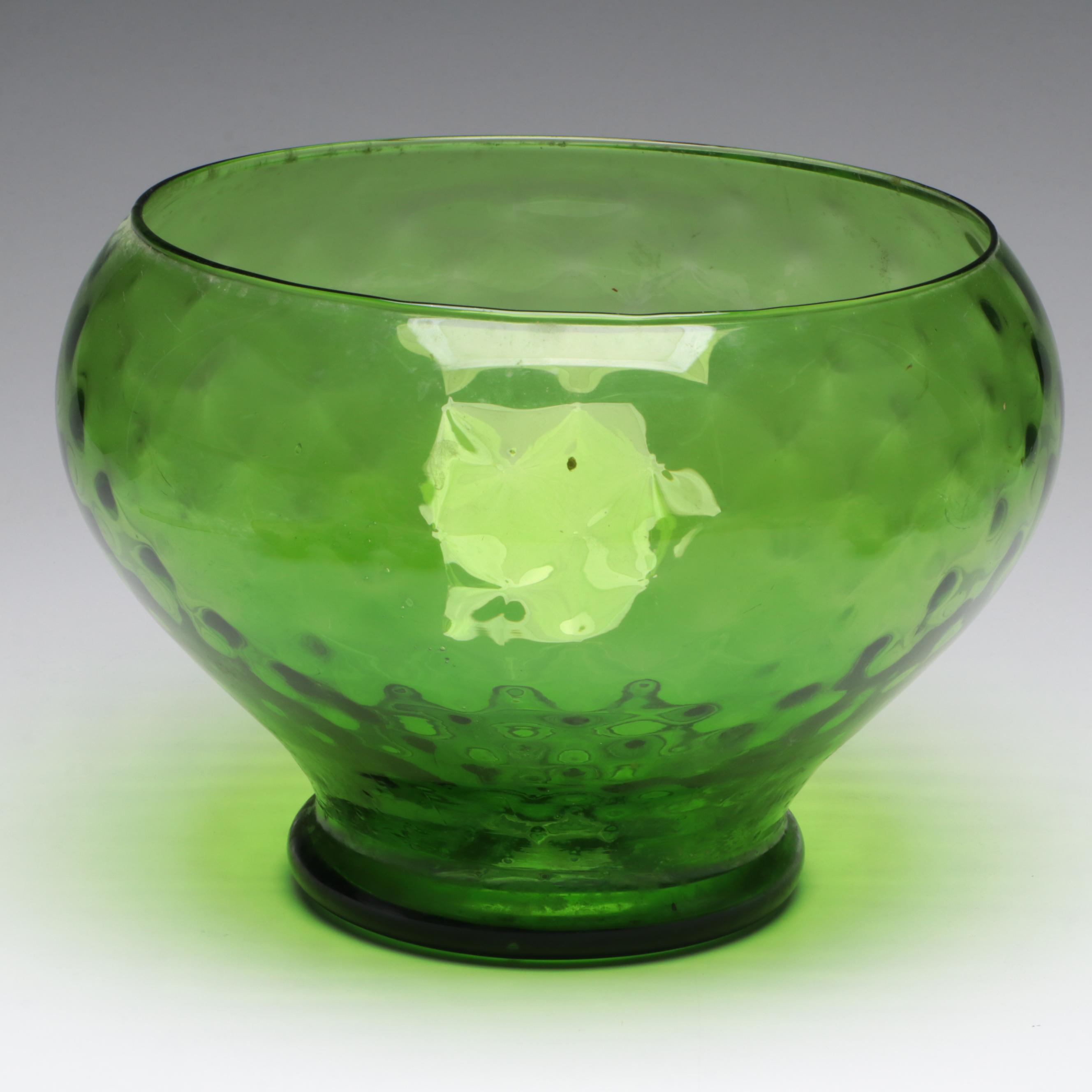 Green Glass Punch Bowl with Glass Cups and Ladle