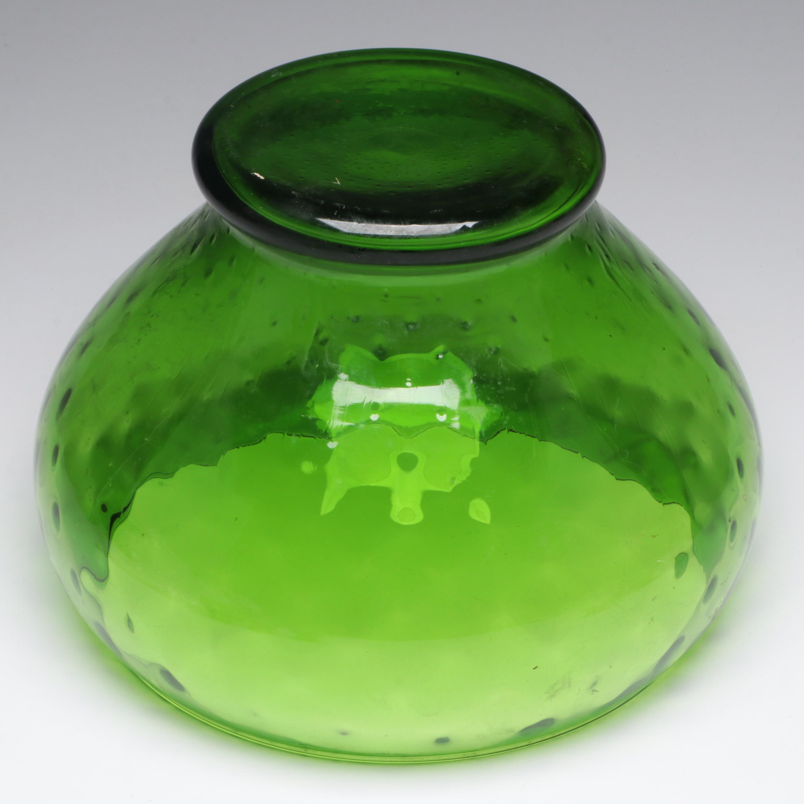 Green Glass Punch Bowl with Glass Cups and Ladle