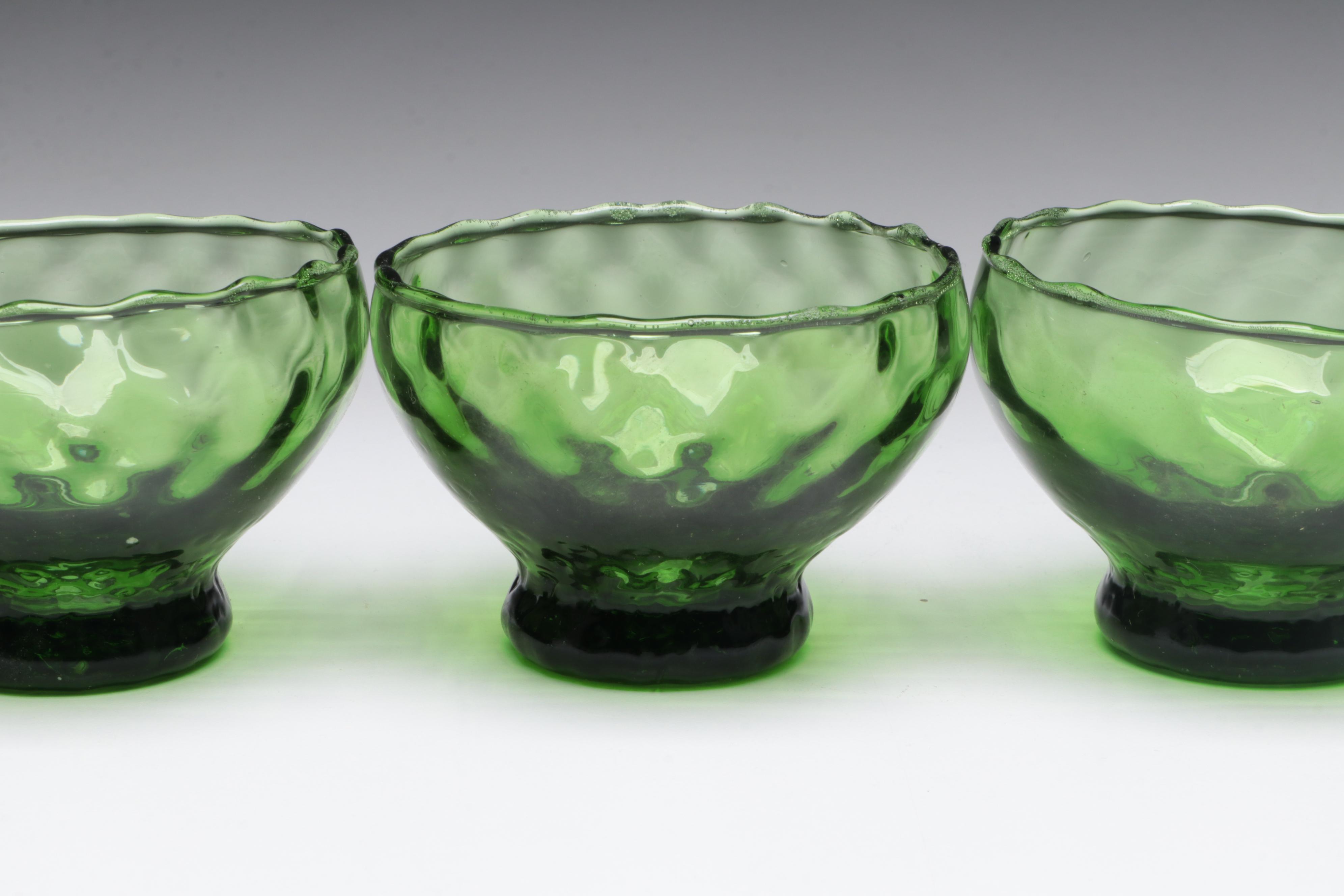 Green Glass Punch Bowl with Glass Cups and Ladle