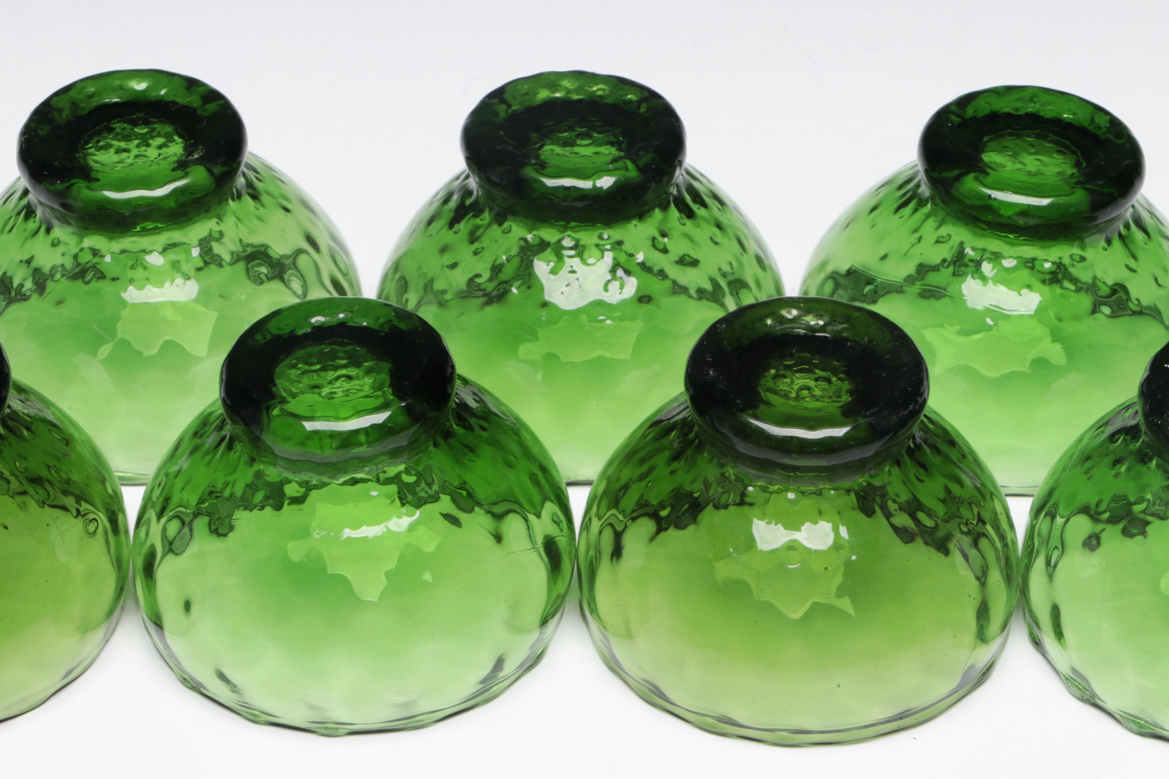 Green Glass Punch Bowl with Glass Cups and Ladle