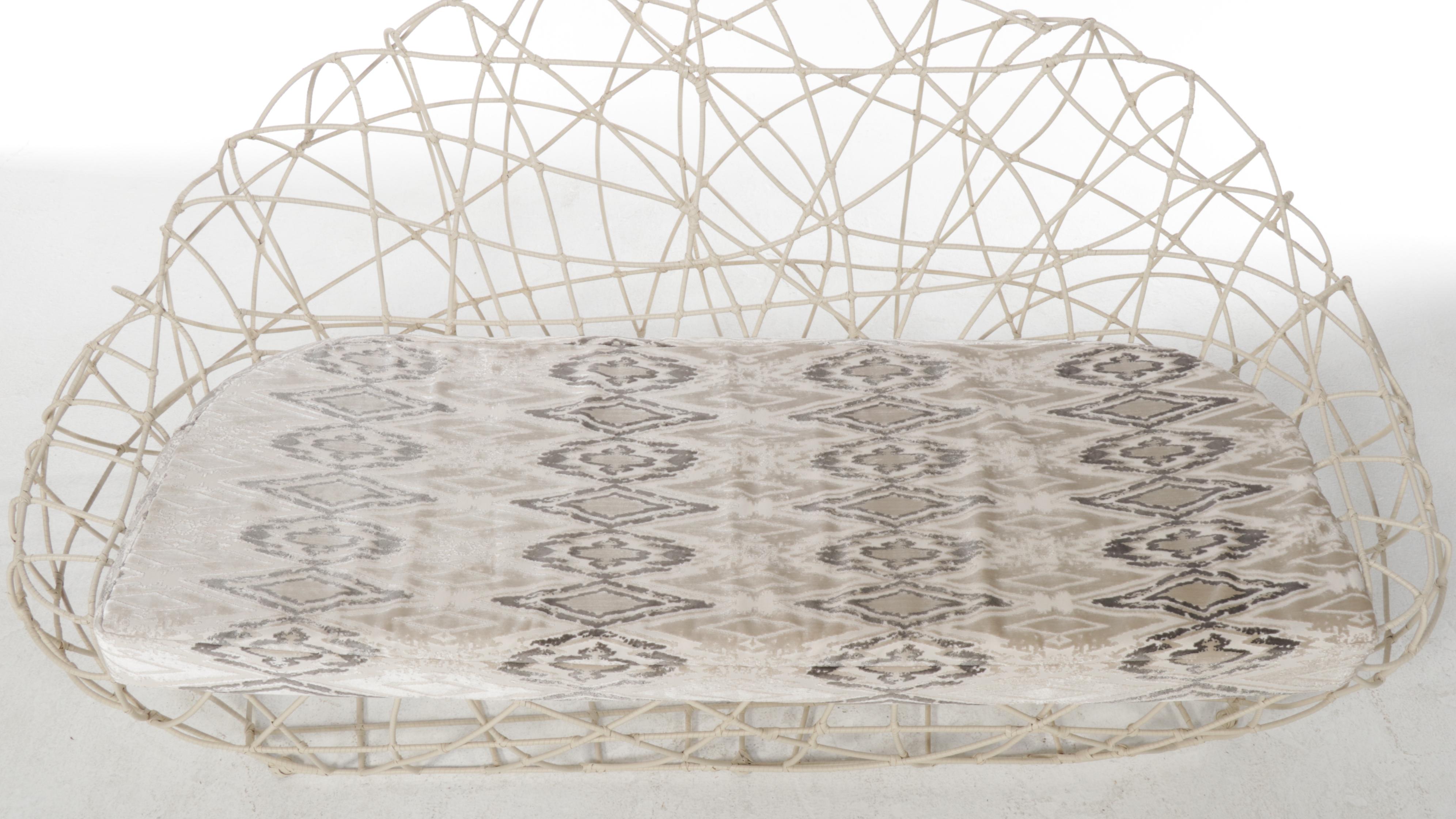 Vinyl Spiral Wrapped Wire Sofa with Ikat Cushion and Accent Pillows