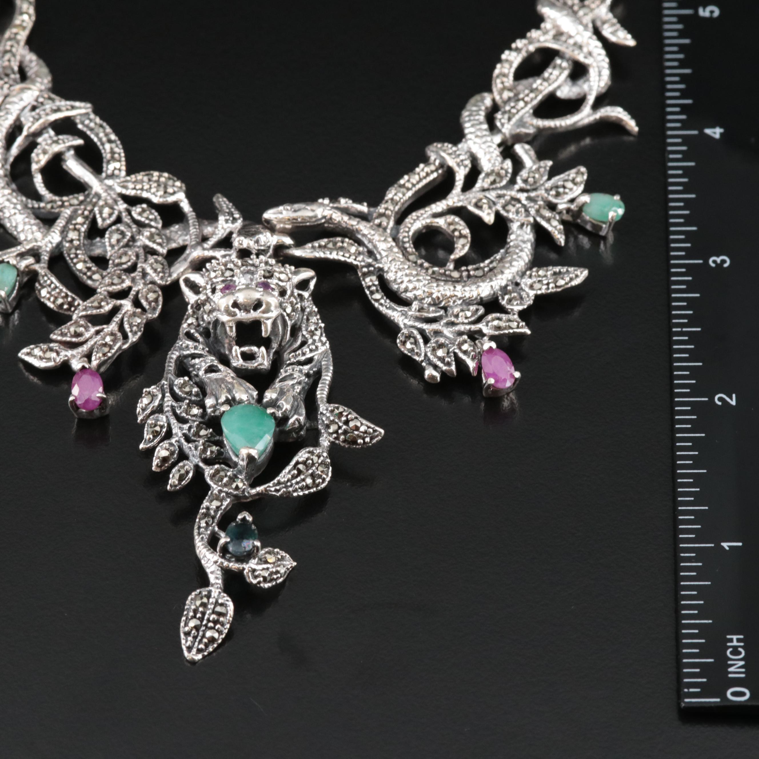 Sterling Multi-Gemstone Jungle Animal Bib Necklace Including Emerald and Ruby