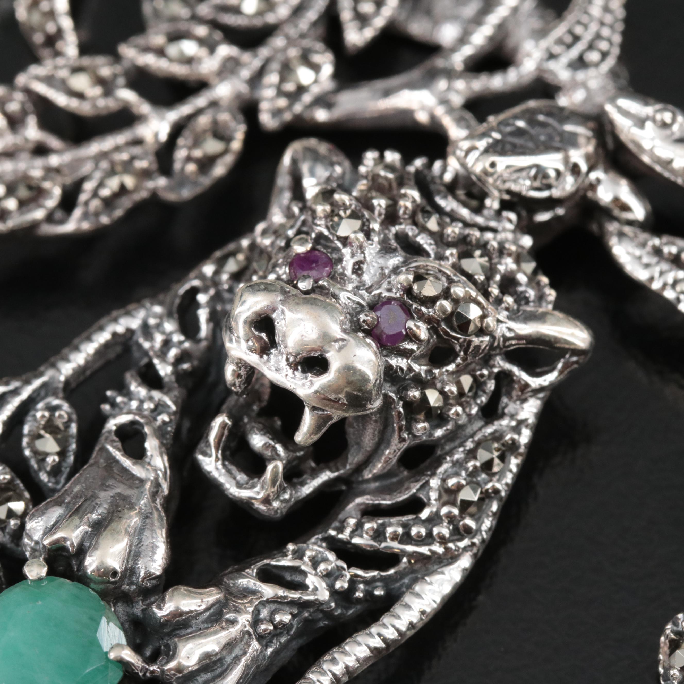 Sterling Multi-Gemstone Jungle Animal Bib Necklace Including Emerald and Ruby