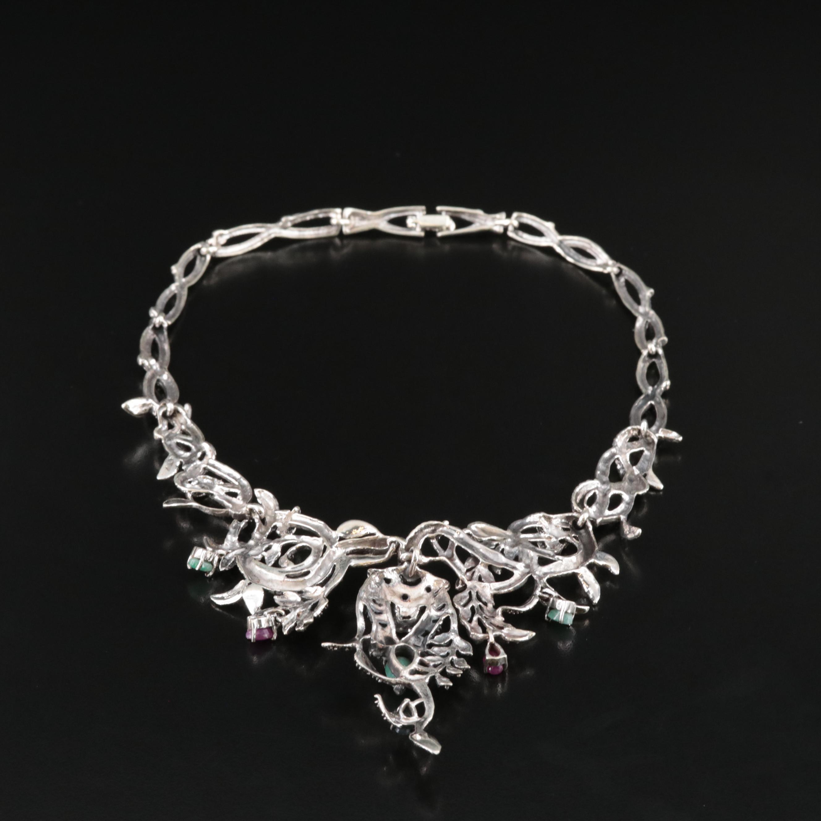 Sterling Multi-Gemstone Jungle Animal Bib Necklace Including Emerald and Ruby