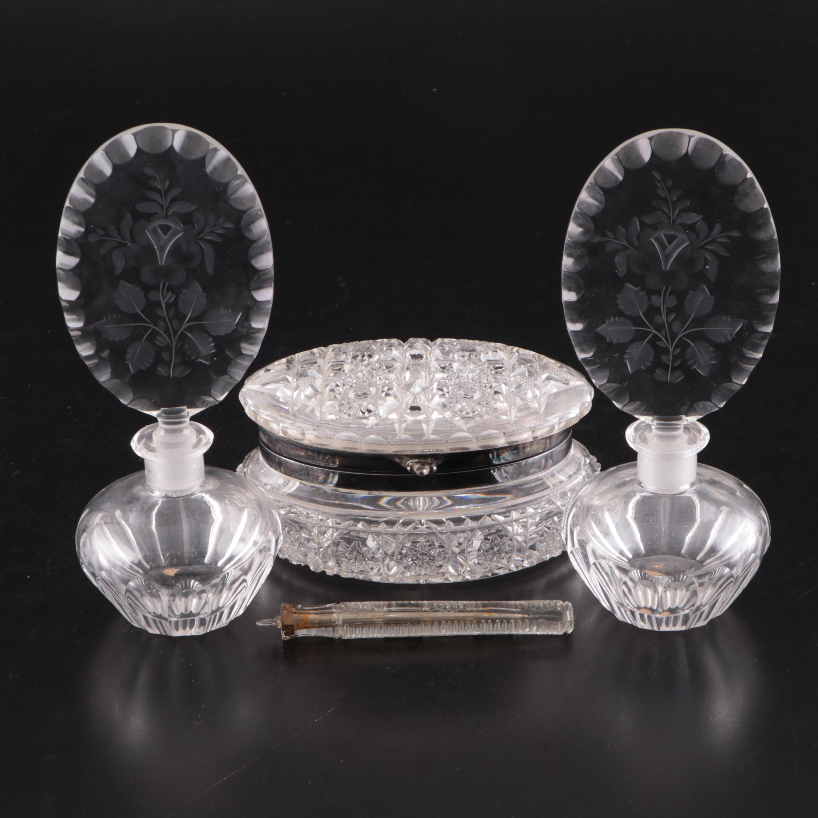 American Brilliant Period Cut Crystal Box, Cut Glass Perfume Bottles, More