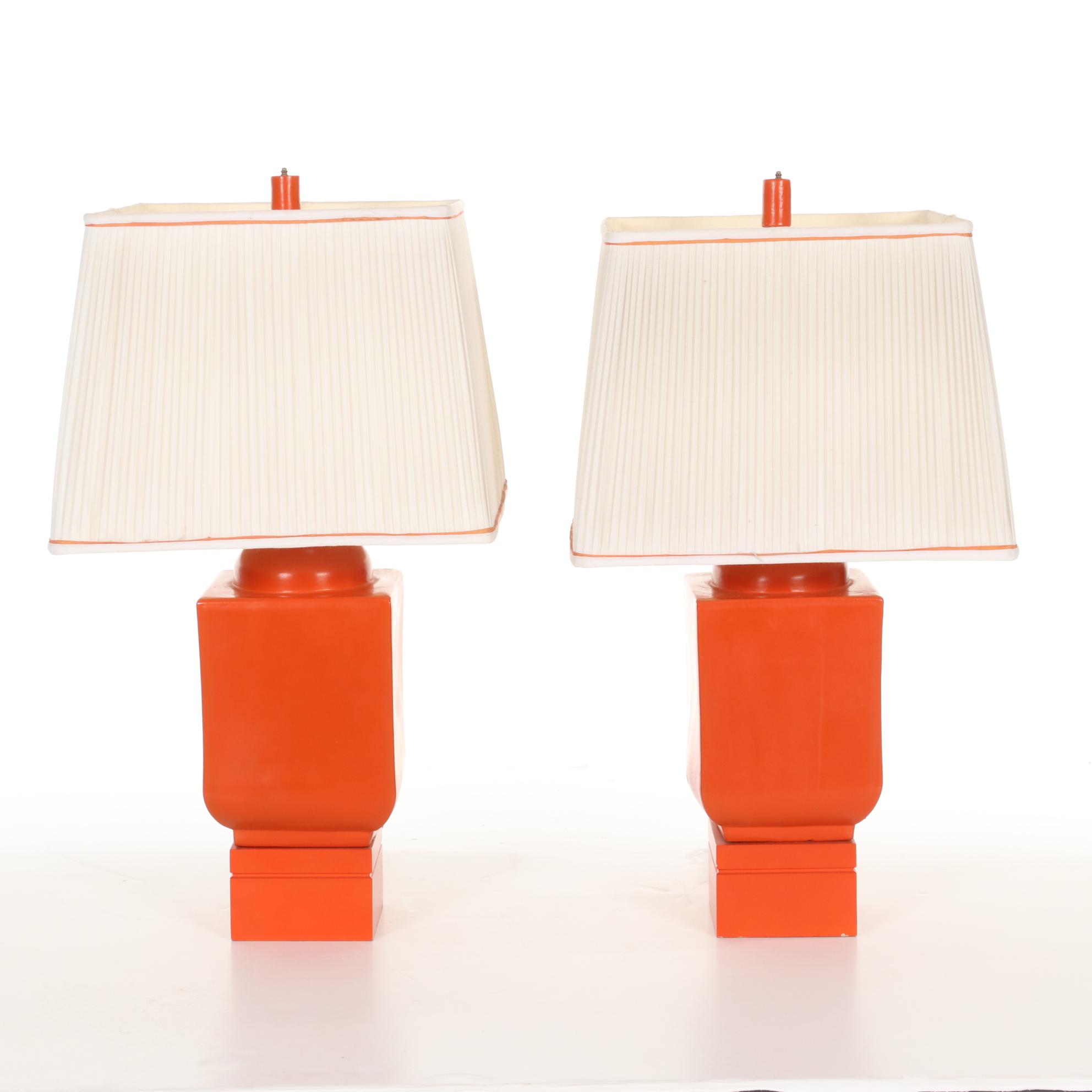 Pair of Mid Century Modern Orange Ceramic Table Lamps