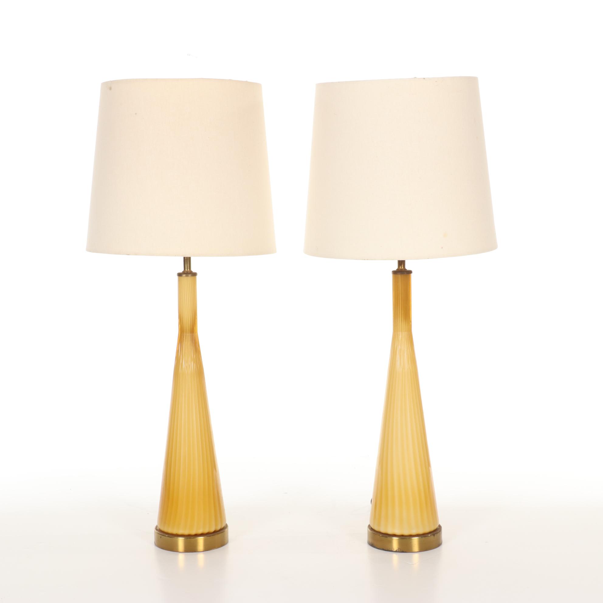 Pair of Mid Century Modern Ribbed Glass Table Lamps